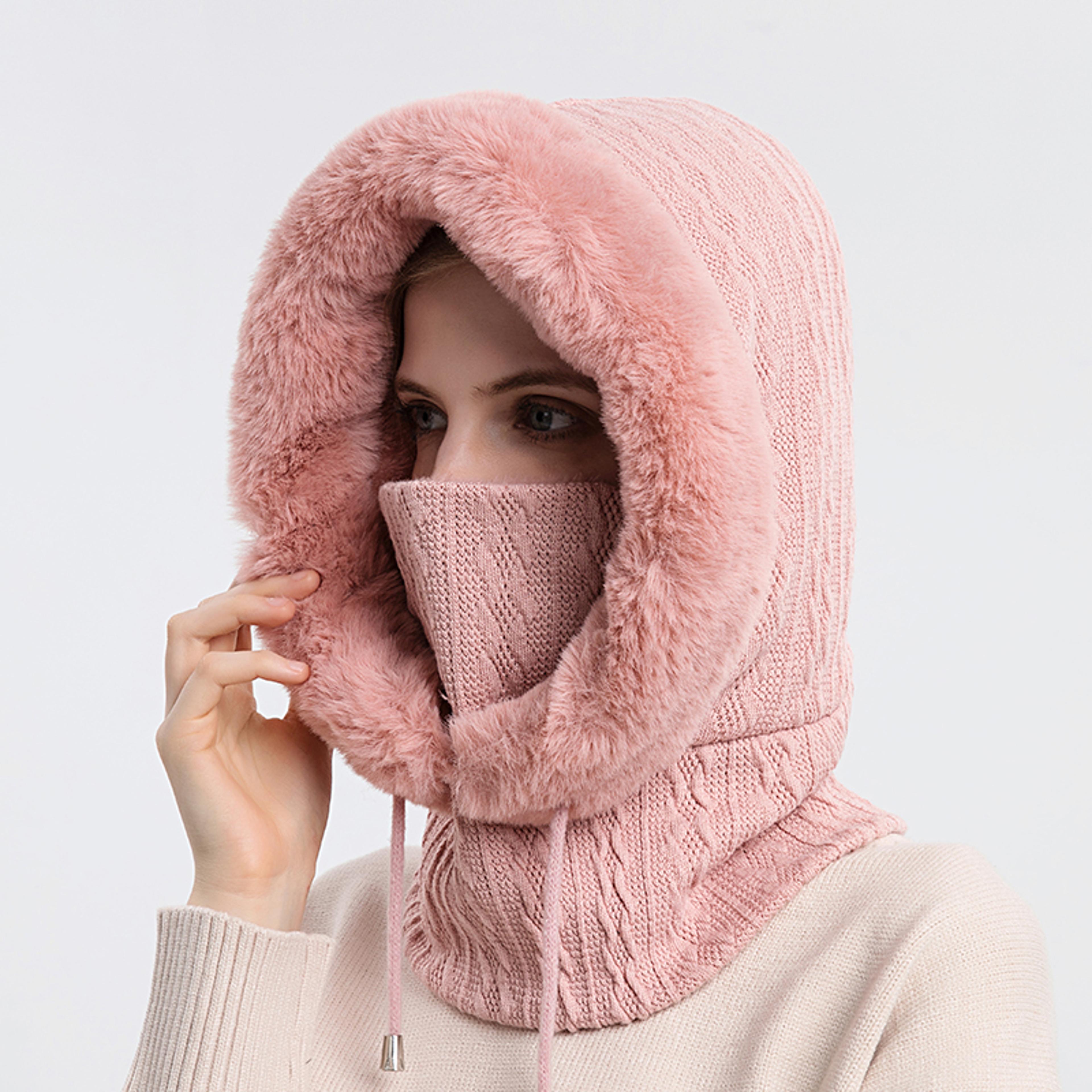 Winter Fur Hooded Mask Set For Women Knitted Cashmere Neck Warmer Windproof Balaclava Ski Hat 10