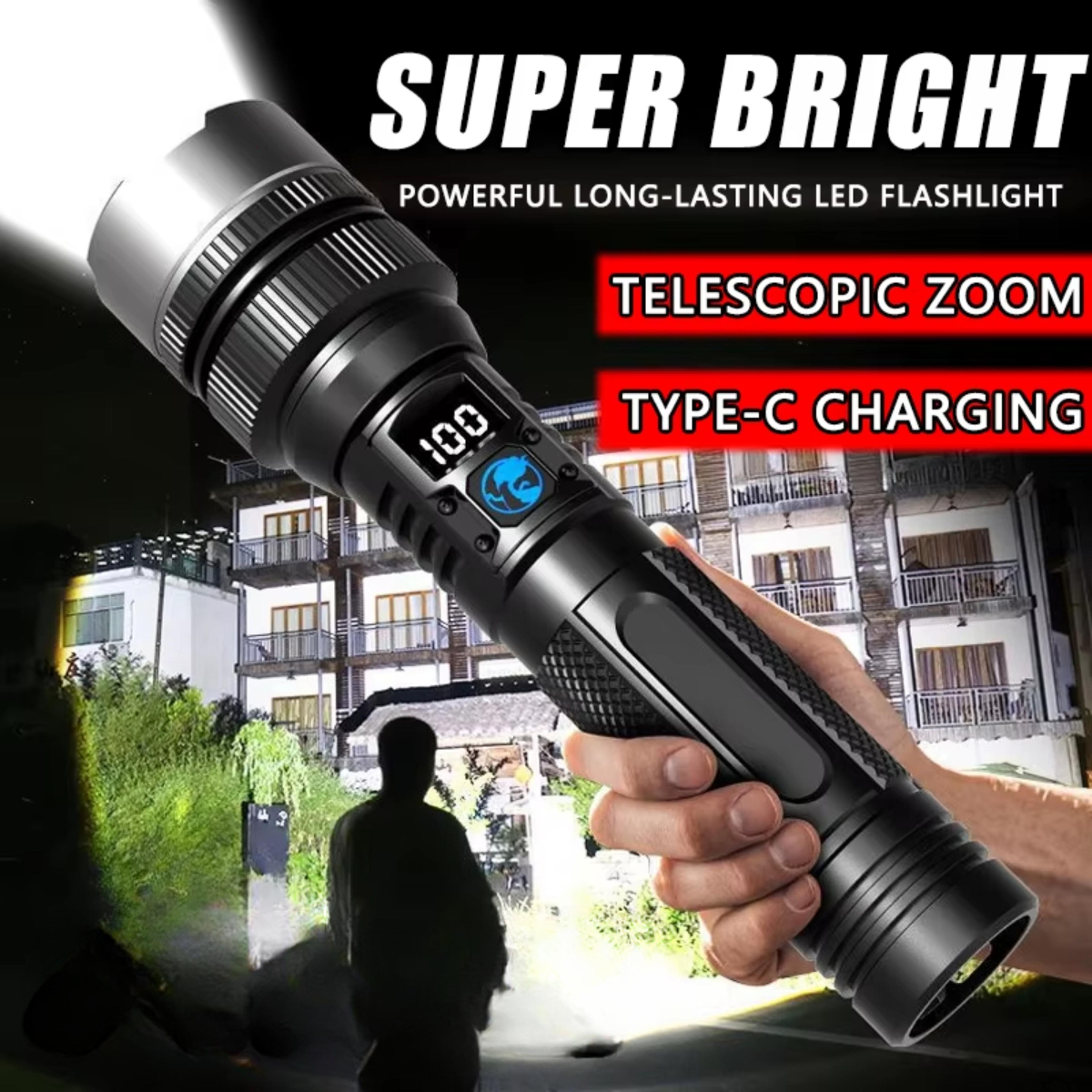high power led flashlight with zoom, digital display, and usb rechargeable feature for camping and hiking