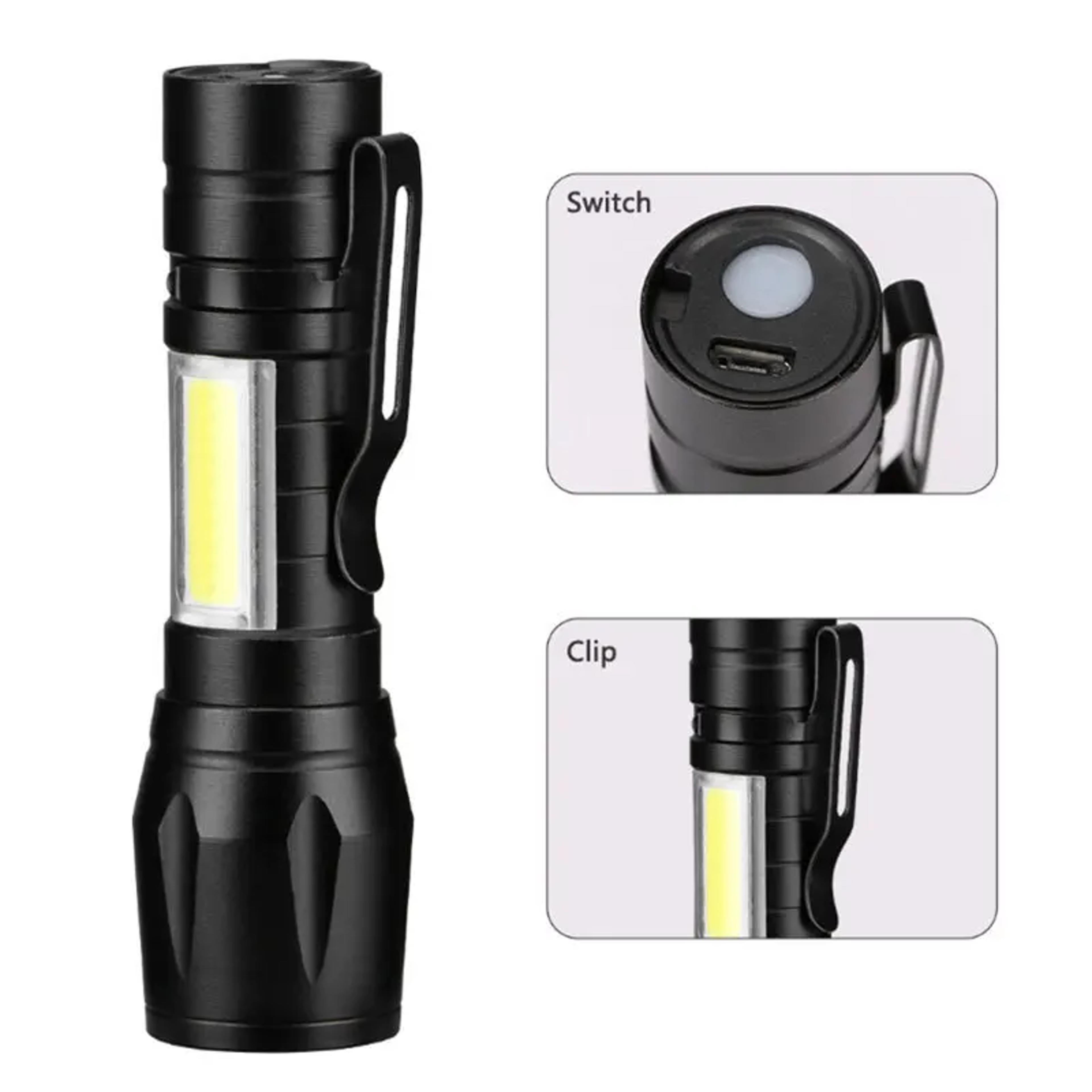 mini led flashlight cob xpe portable torch, usb charging camping lantern with zoomable focus and pen clip