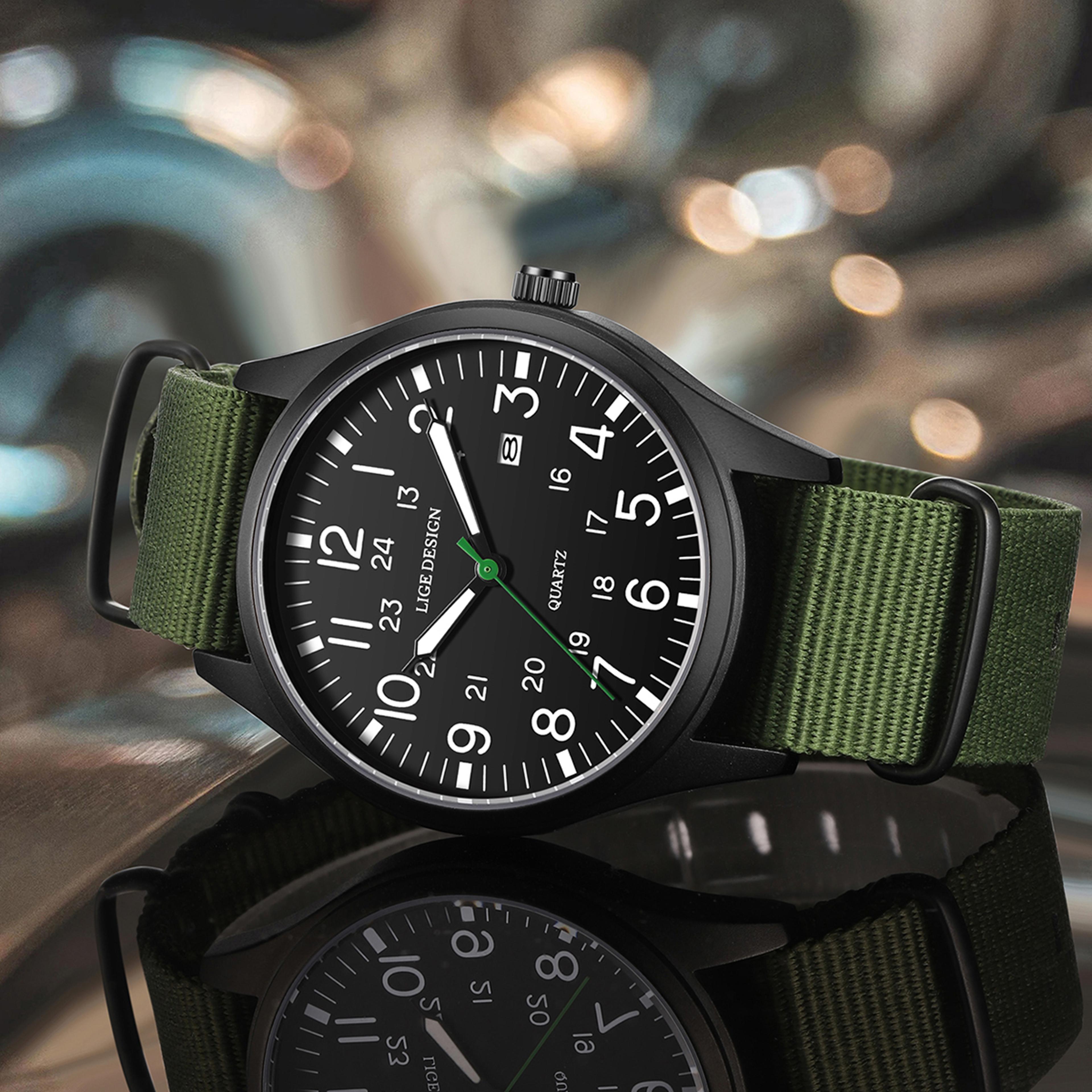 luxury men quartz watch waterproof, luminous military sports watch with date, nylon & leather band