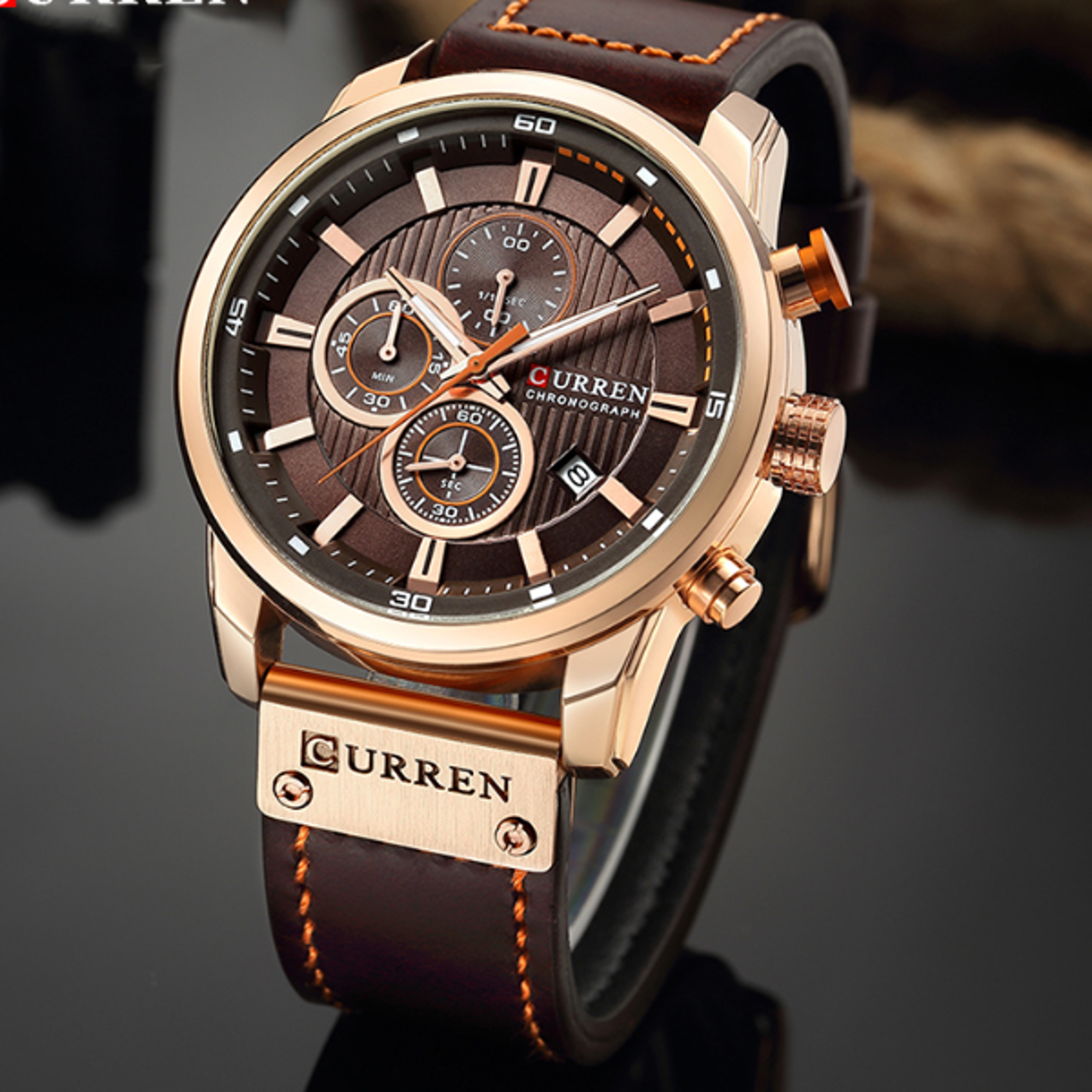 curren men military quartz watch with leather strap, chronograph wristwatch