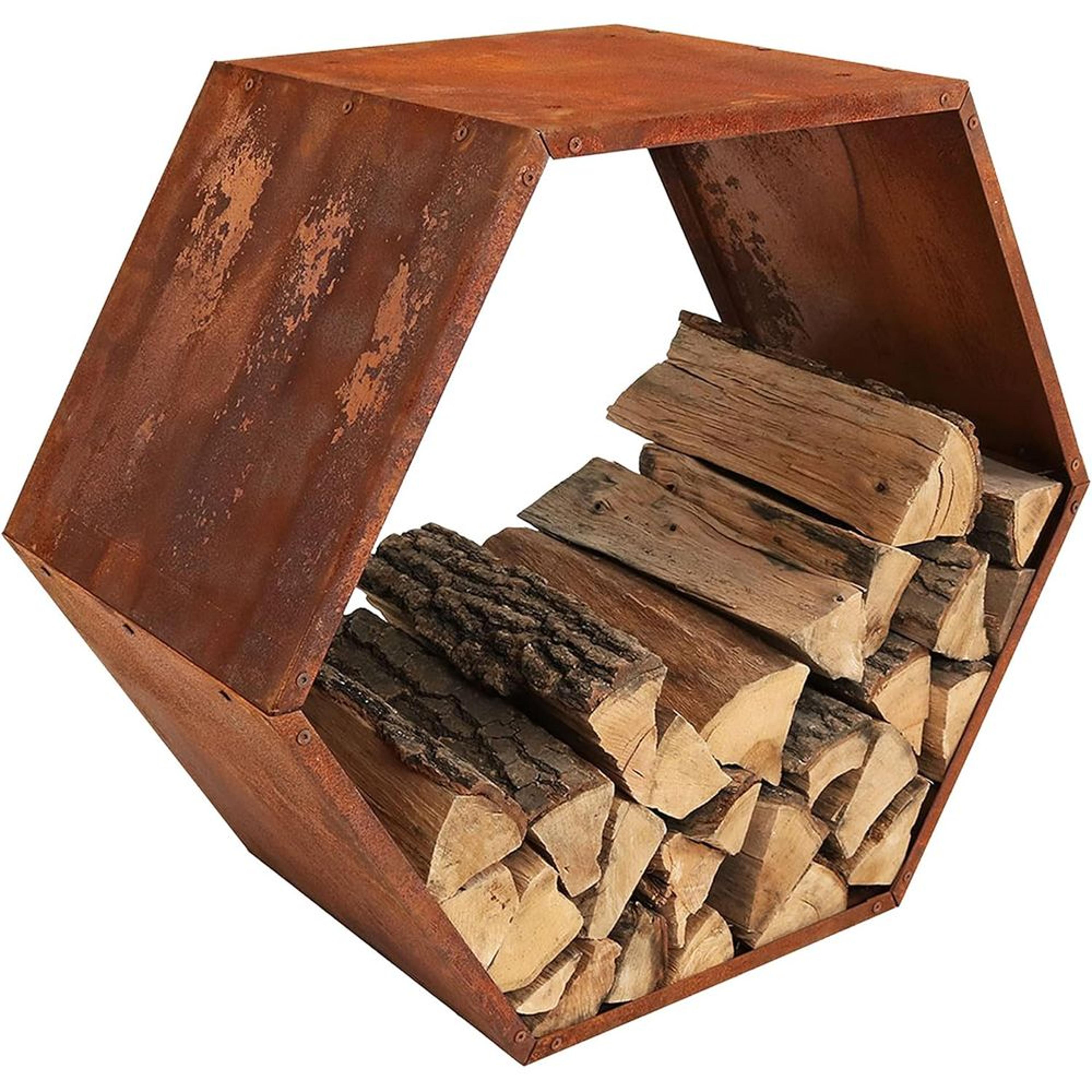 rustic hexagonal steel firewood storage rack durable outdoor log holder