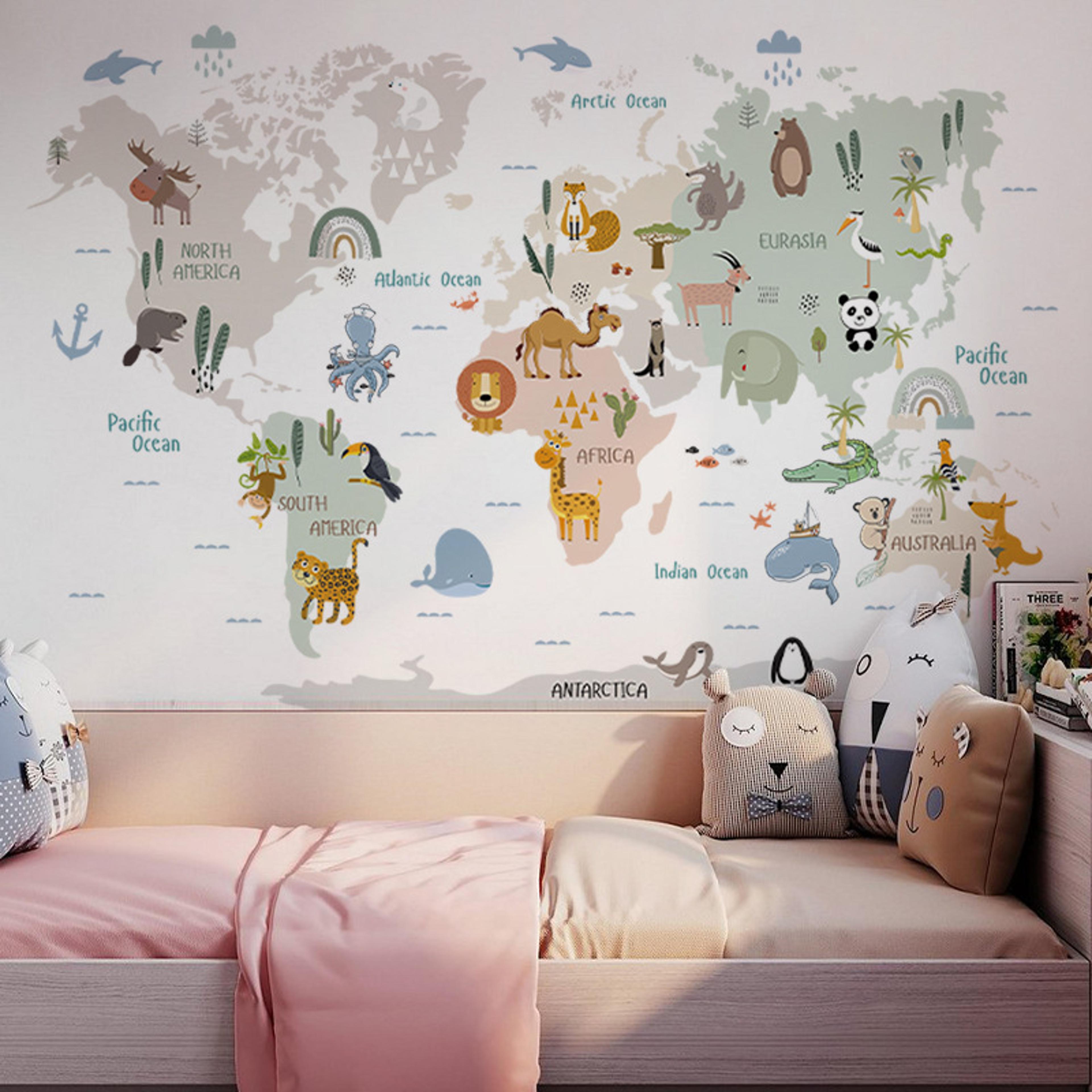 kids world map wall sticker cartoon animal decal for nursery bedroom educational wall decor