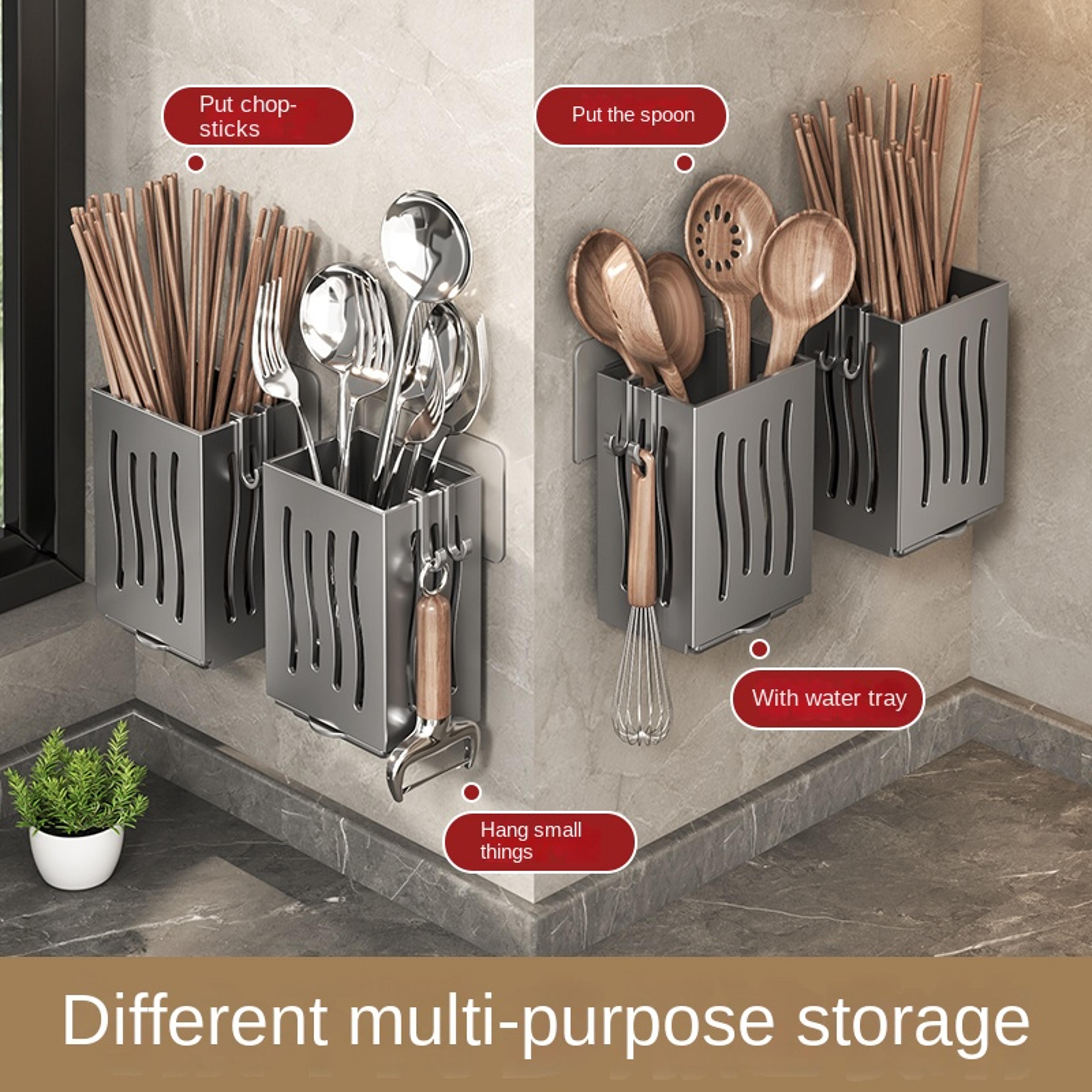 Wall Mounted Chopsticks Holder No Drill Kitchen Utensil Organizer With Drainage 2