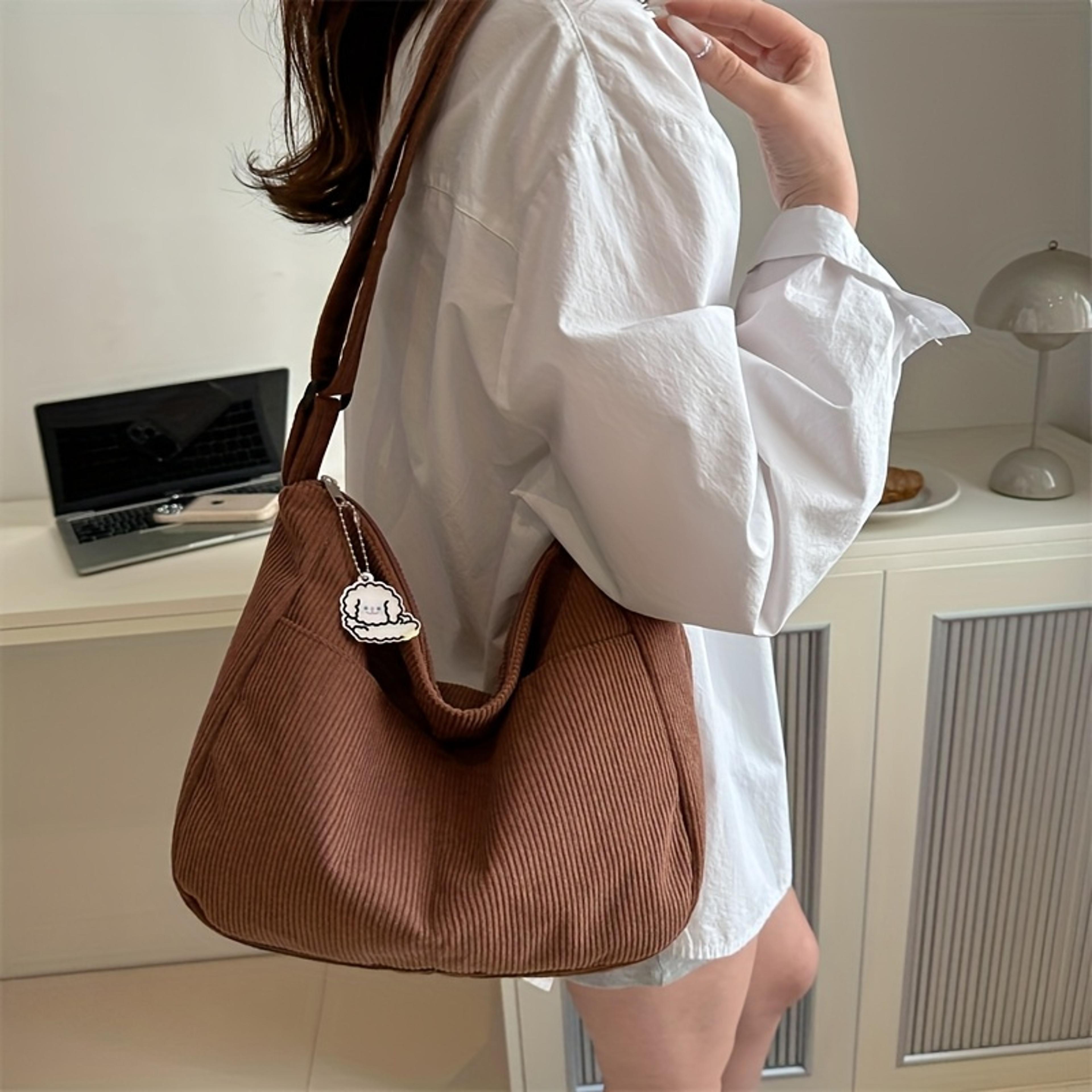 Corduroy Shoulder Bag For Women Large Capacity Zipper Tote With Cute Patch 1