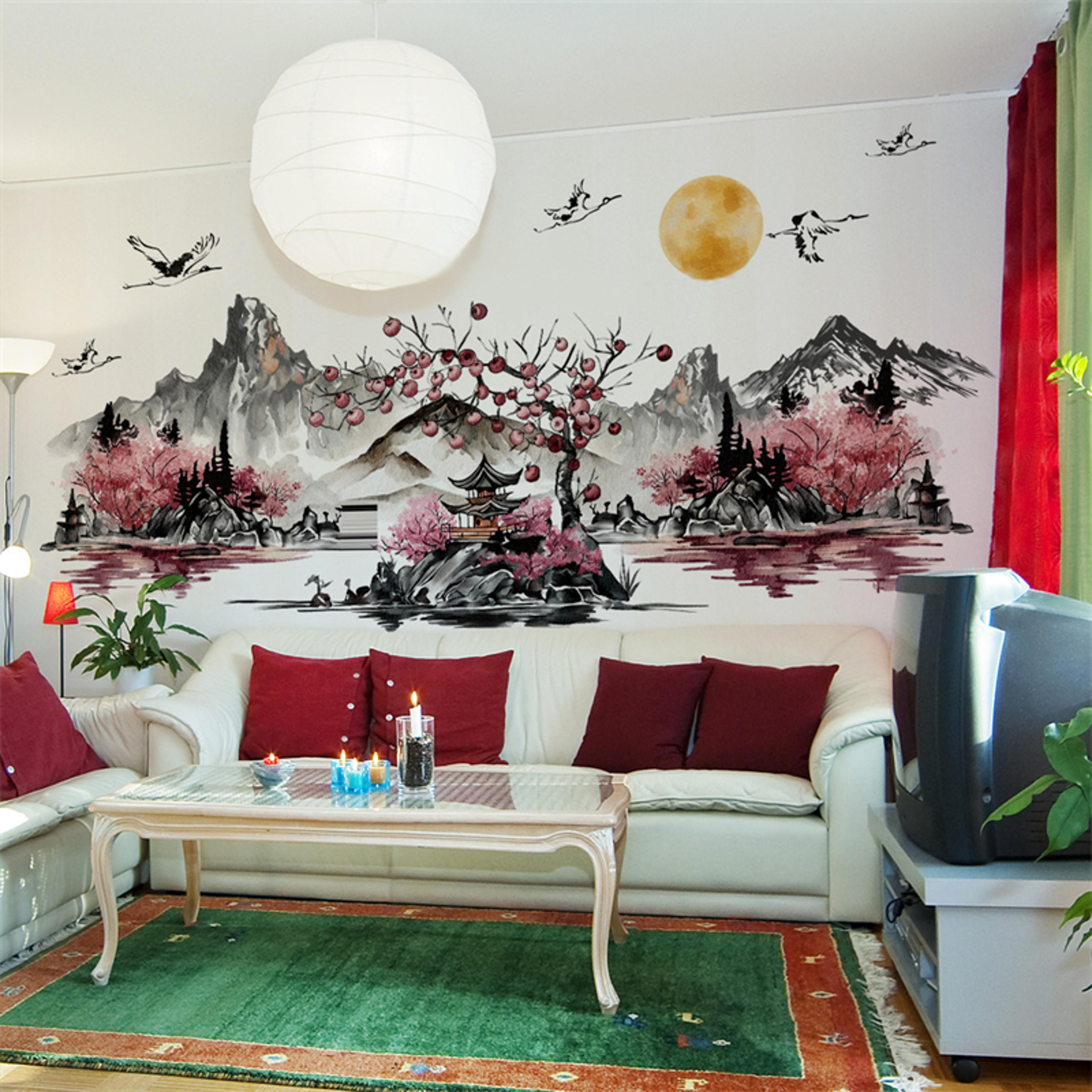 Chinese Landscape Crane Wall Decal Self Adhesive Wall Mural For Living Room Home Decor 2