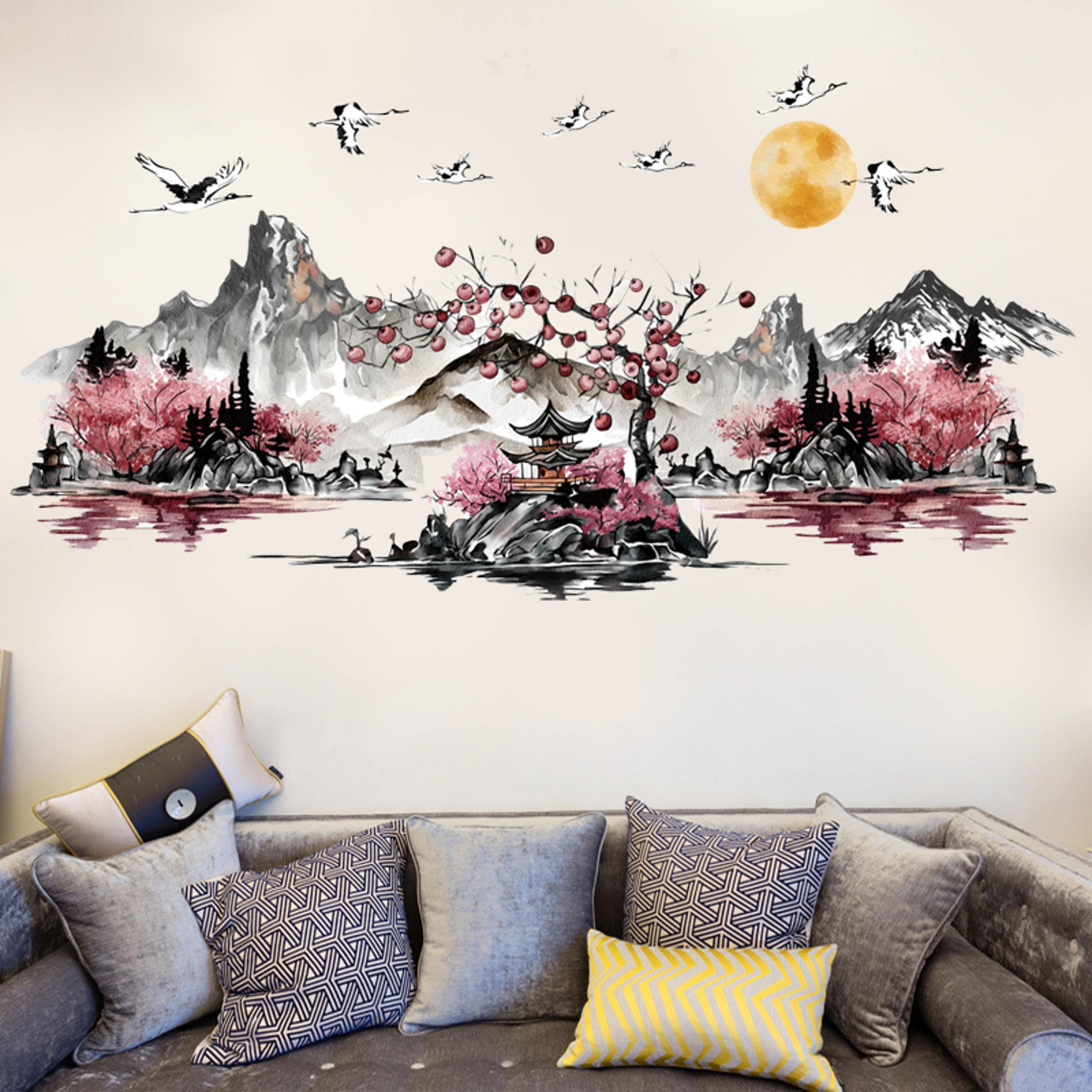 Chinese Landscape Crane Wall Decal Self Adhesive Wall Mural For Living Room Home Decor 3