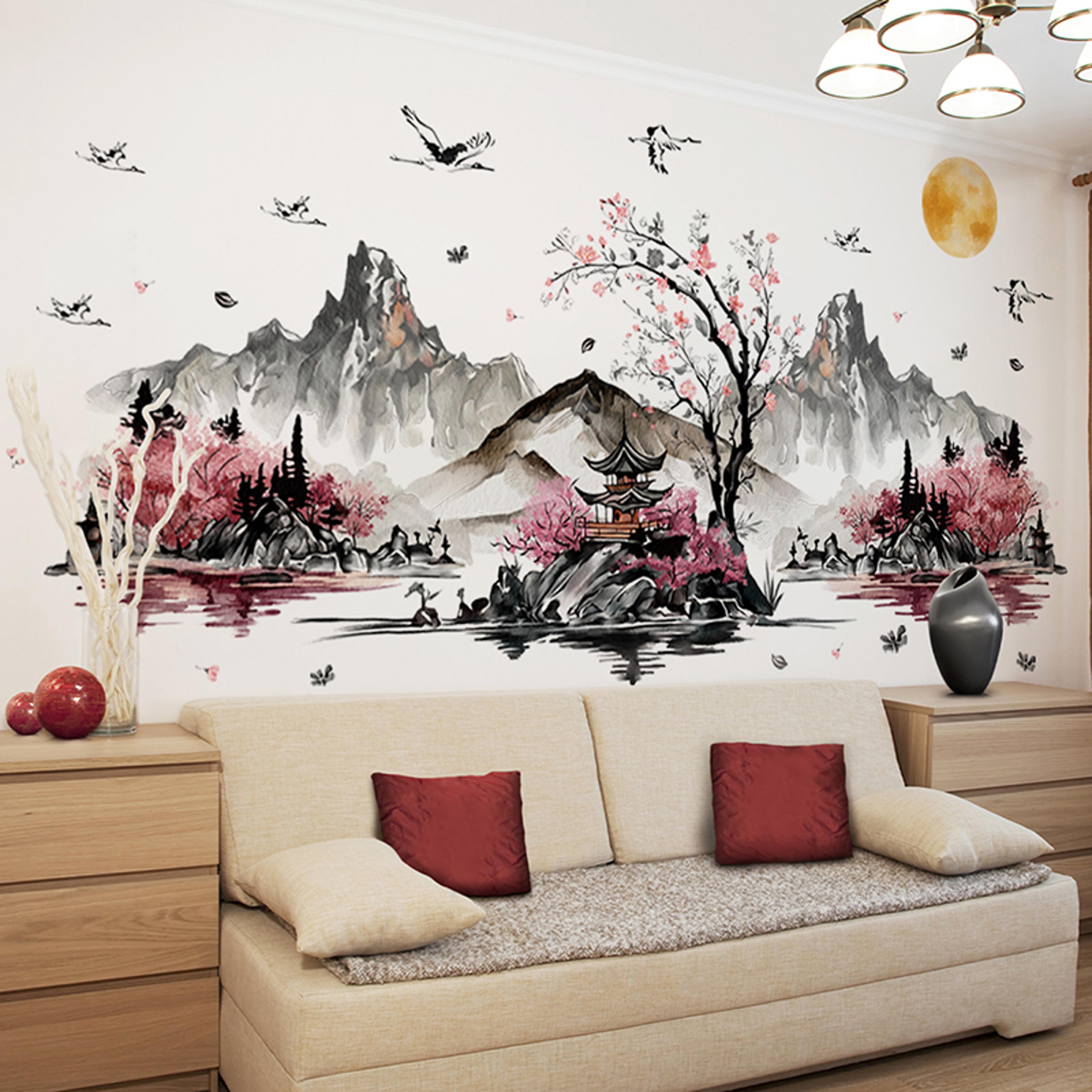 Chinese Landscape Crane Wall Decal Self Adhesive Wall Mural For Living Room Home Decor 5