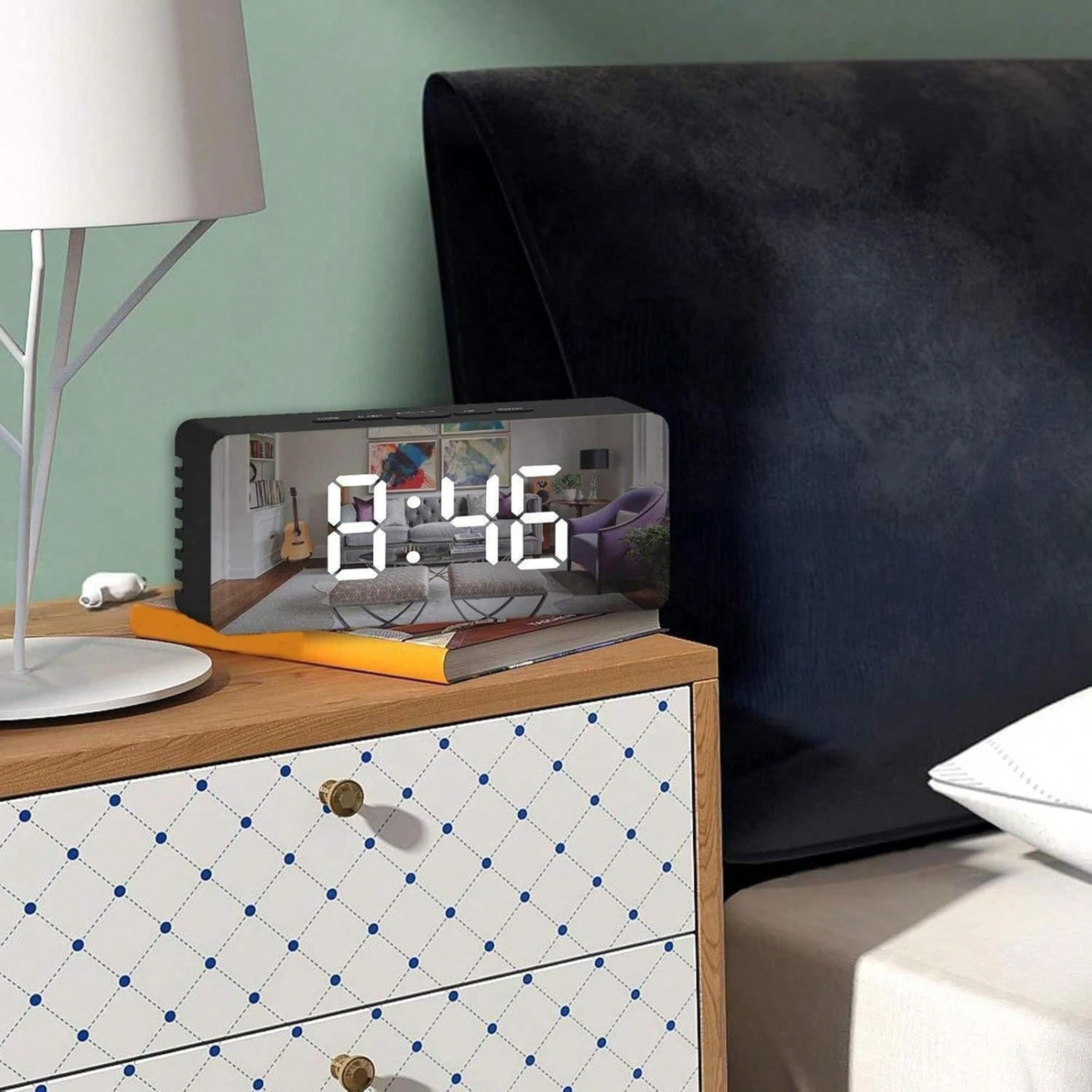 smart digital alarm clock with led display, adjustable brightness, date & temperature, usb battery powered
