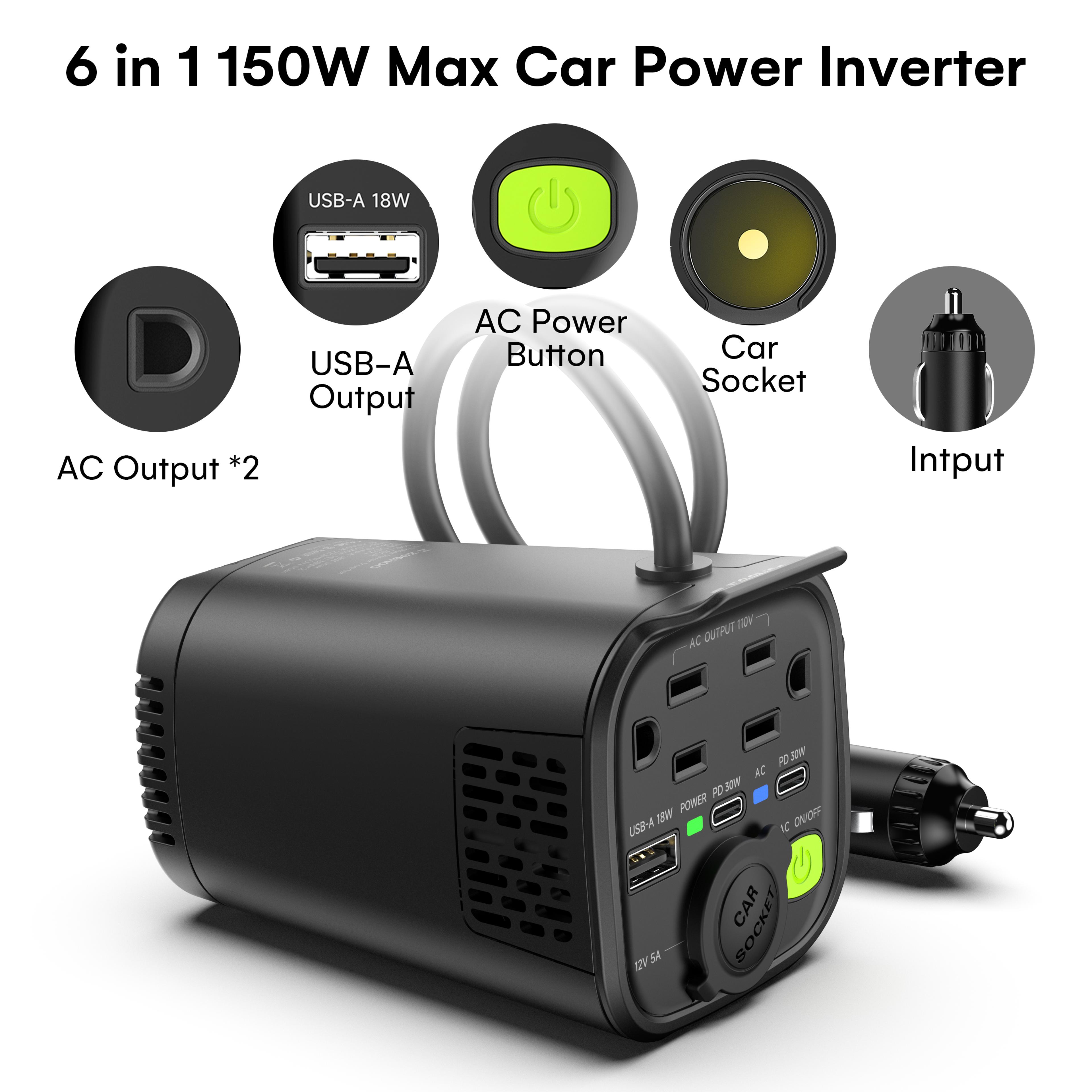 car power inverter 12v dc to 110v ac with dual ac outlets and usb fast charging