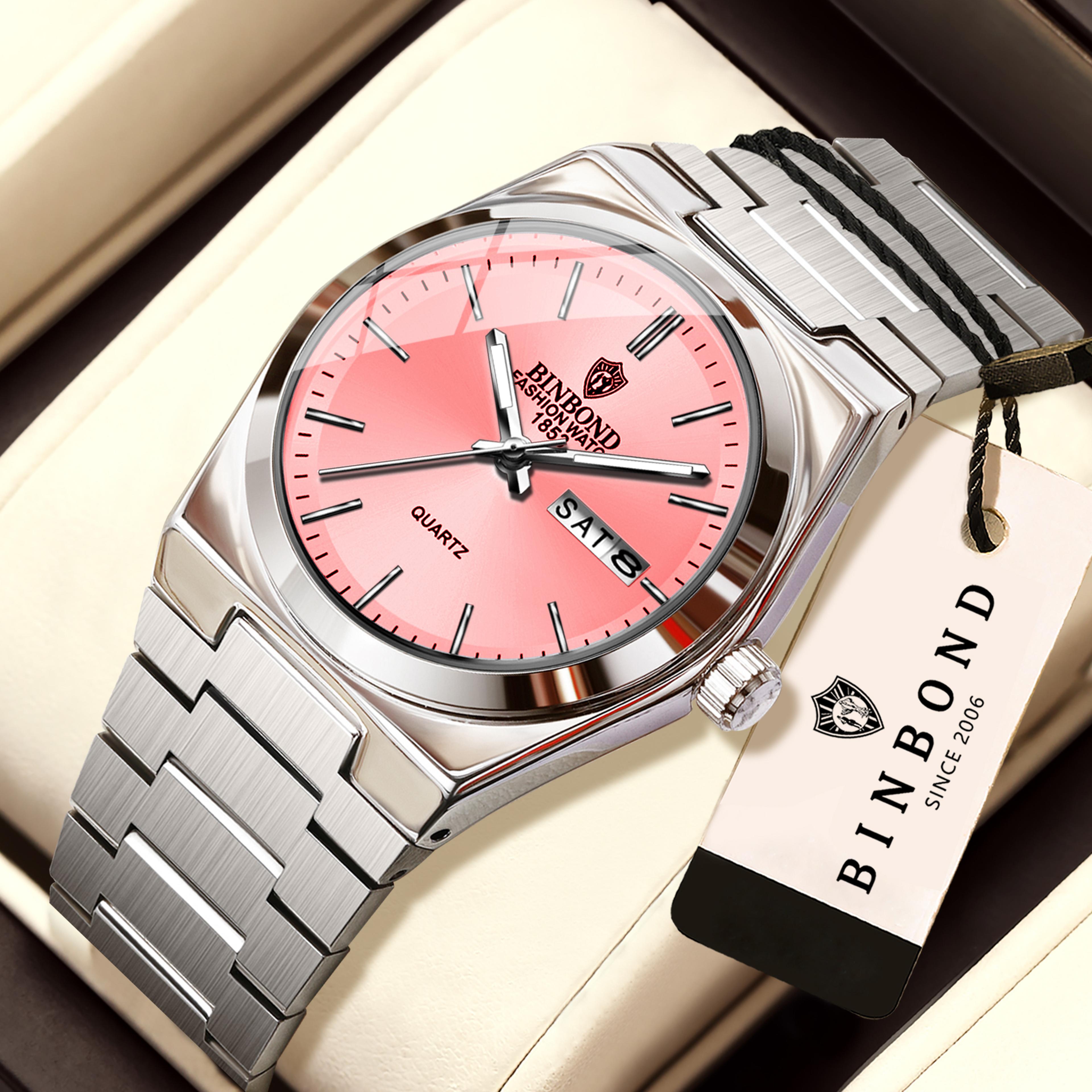 women luminous quartz watch with stainless steel band and date display