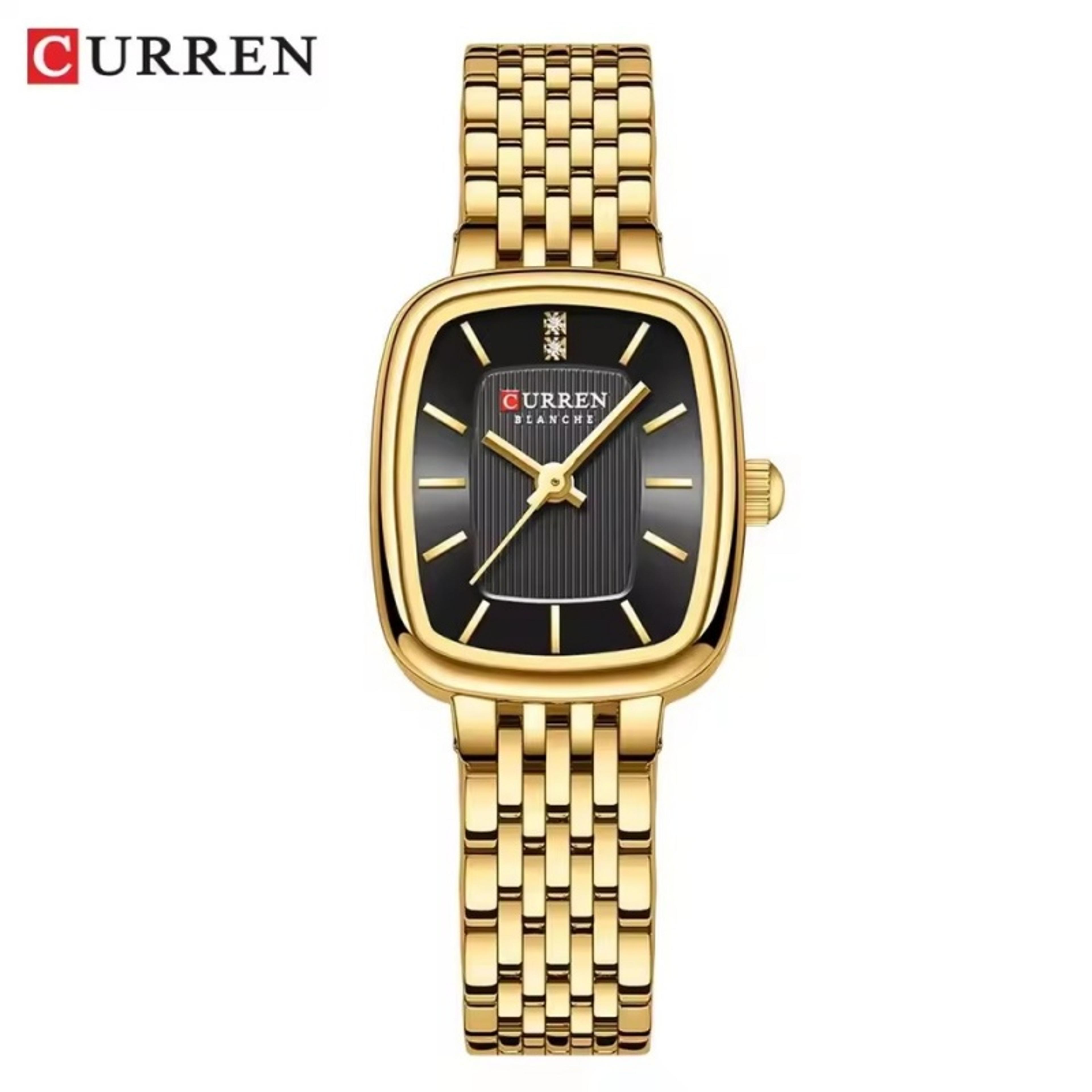 women's rectangular quartz watch with gold dial and stainless steel bracelet