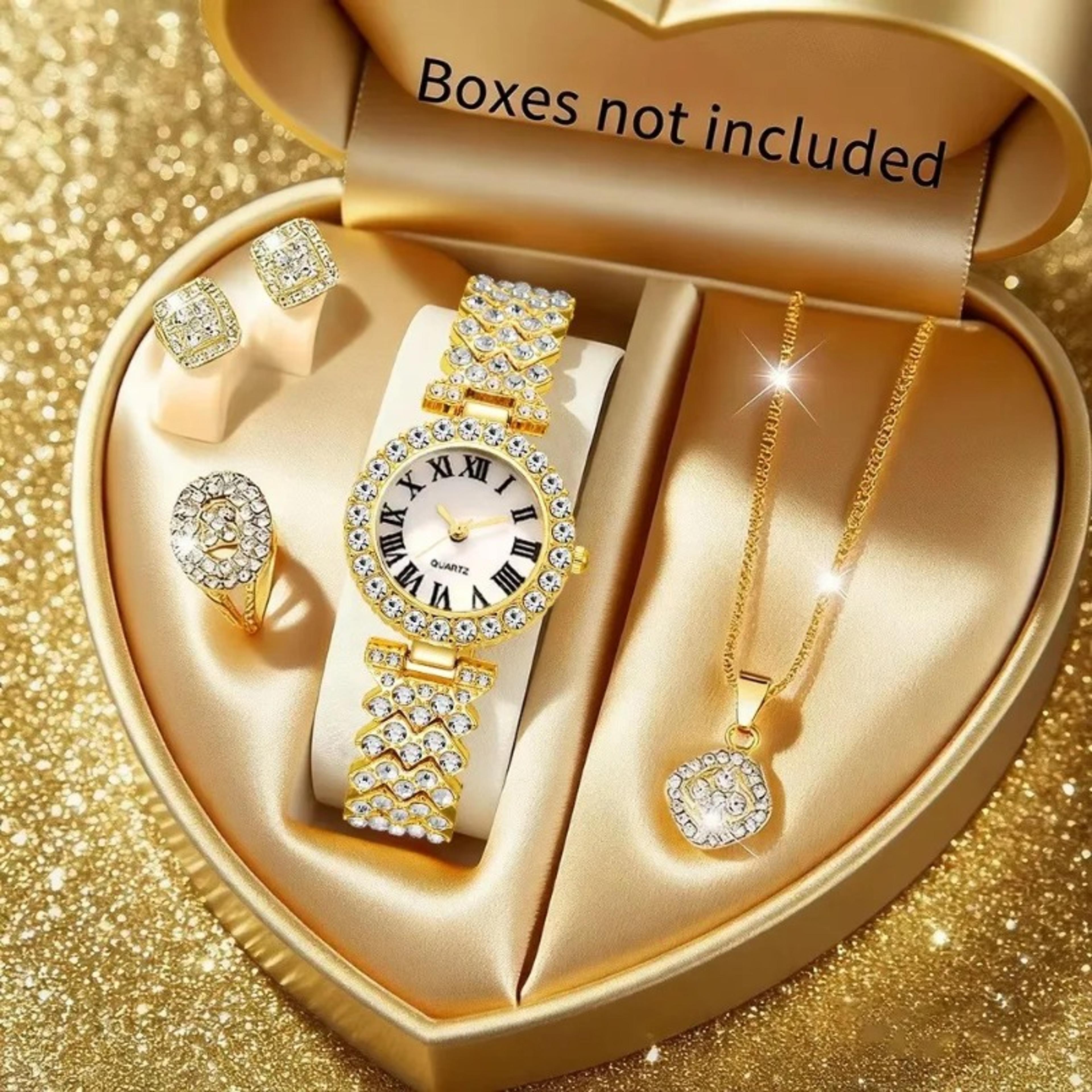5-piece women's rhinestone quartz watch and jewelry set with bracelet strap
