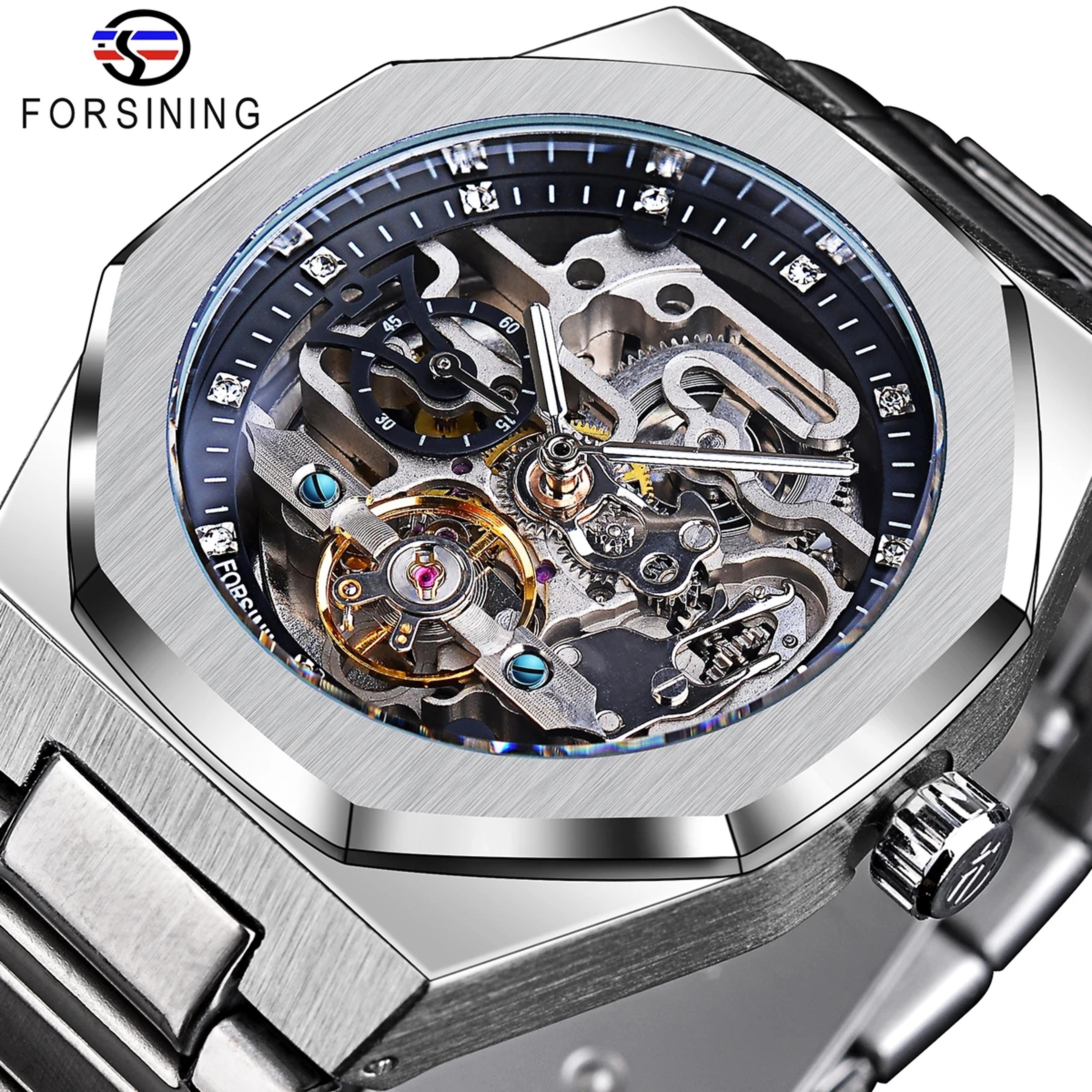 mens automatic mechanical skeleton watch with luminous hands and stainless steel band