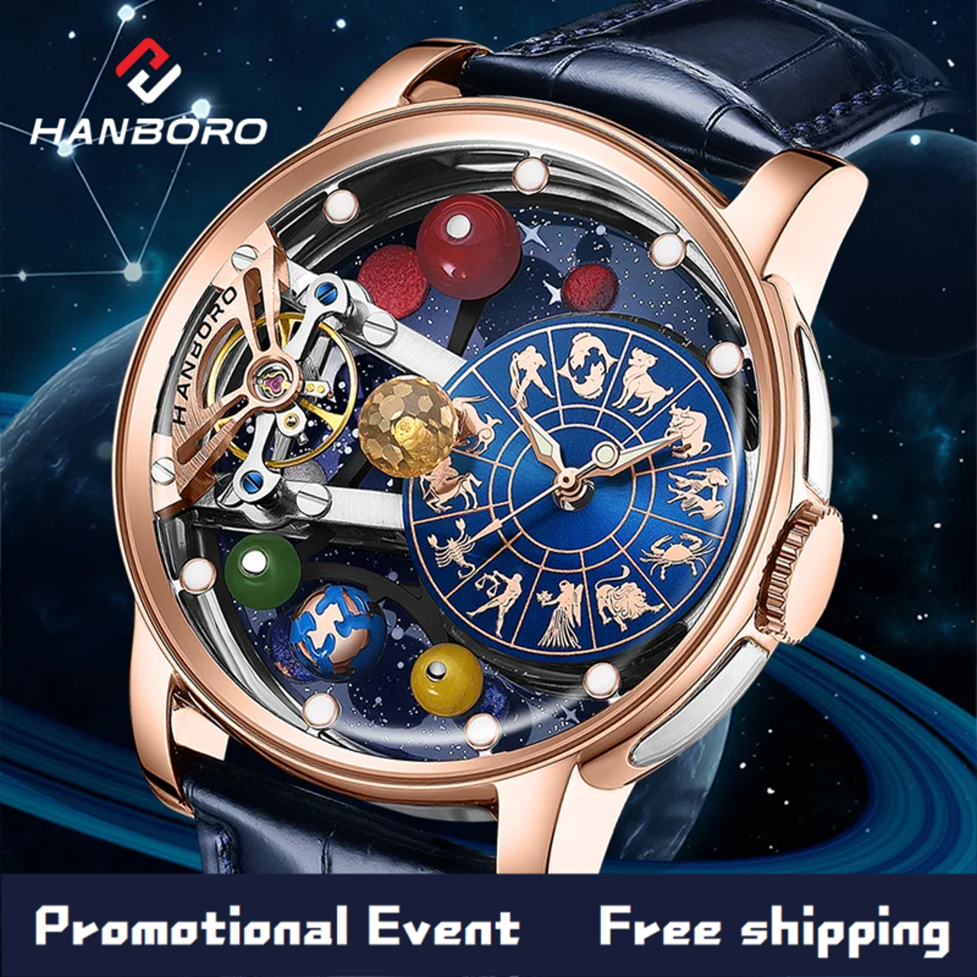 men's automatic mechanical skeleton watch with starry sky dial and luminous details