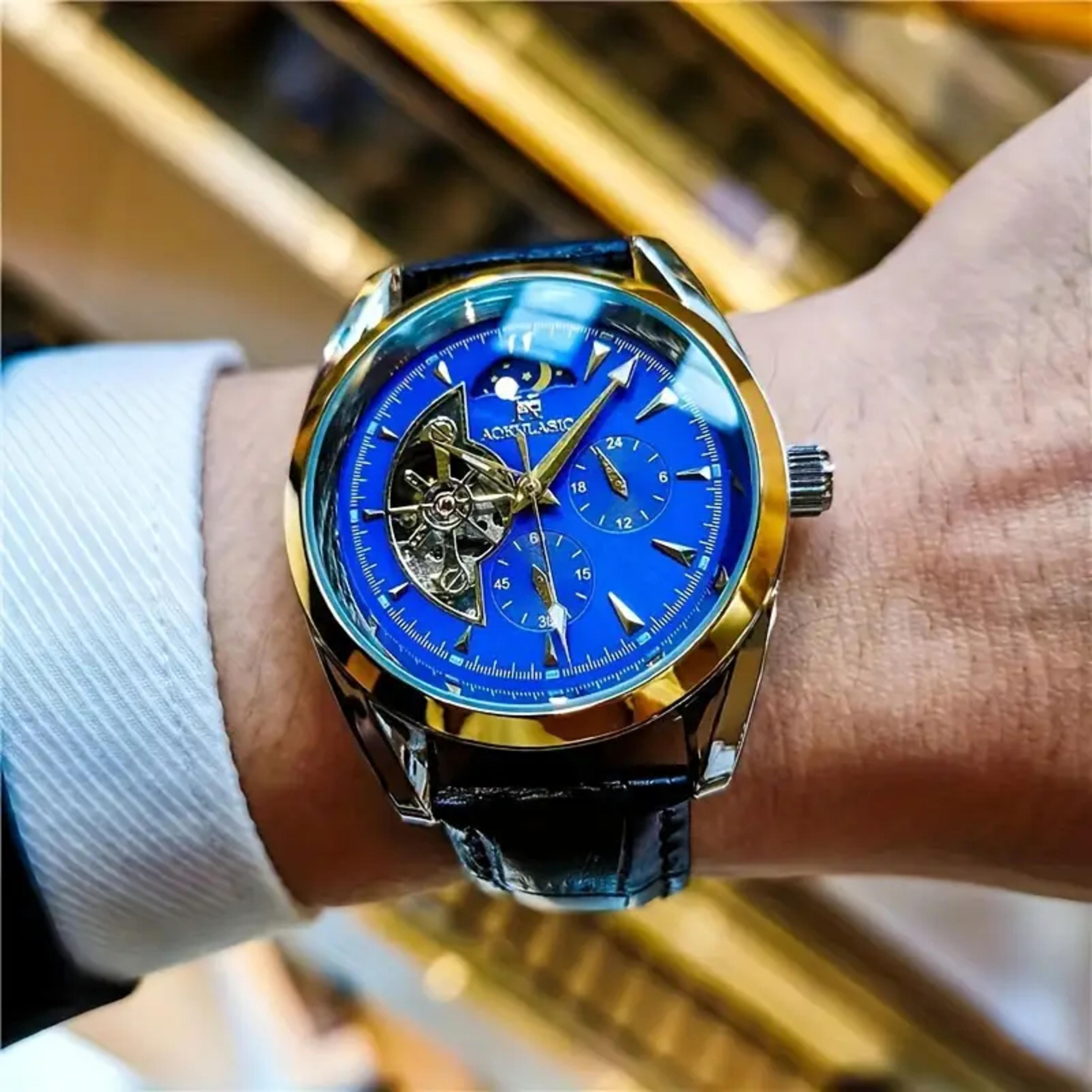 men's automatic mechanical skeleton watch with leather strap and moon phase pointer