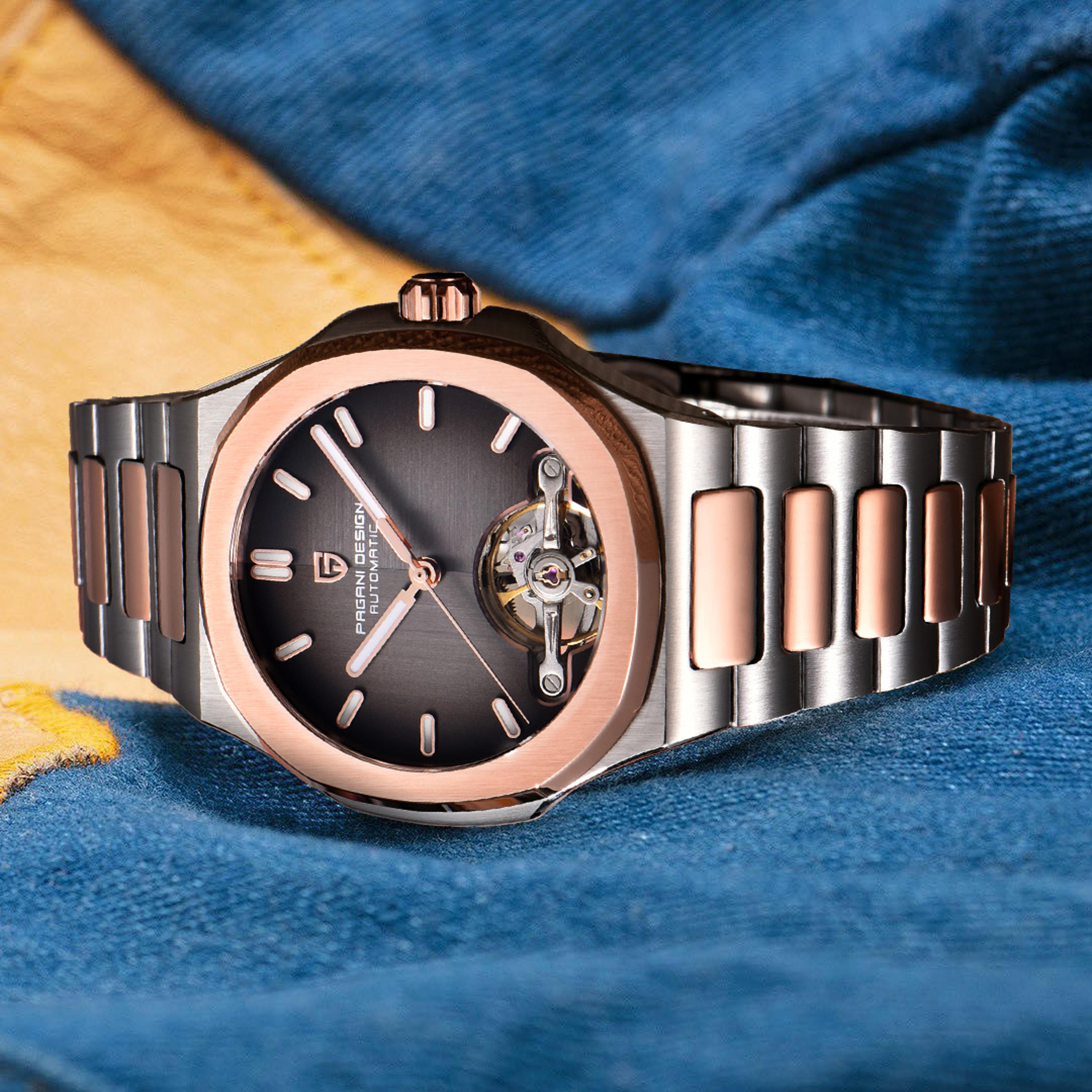men's automatic skeleton watch with stainless steel band and sapphire crystal