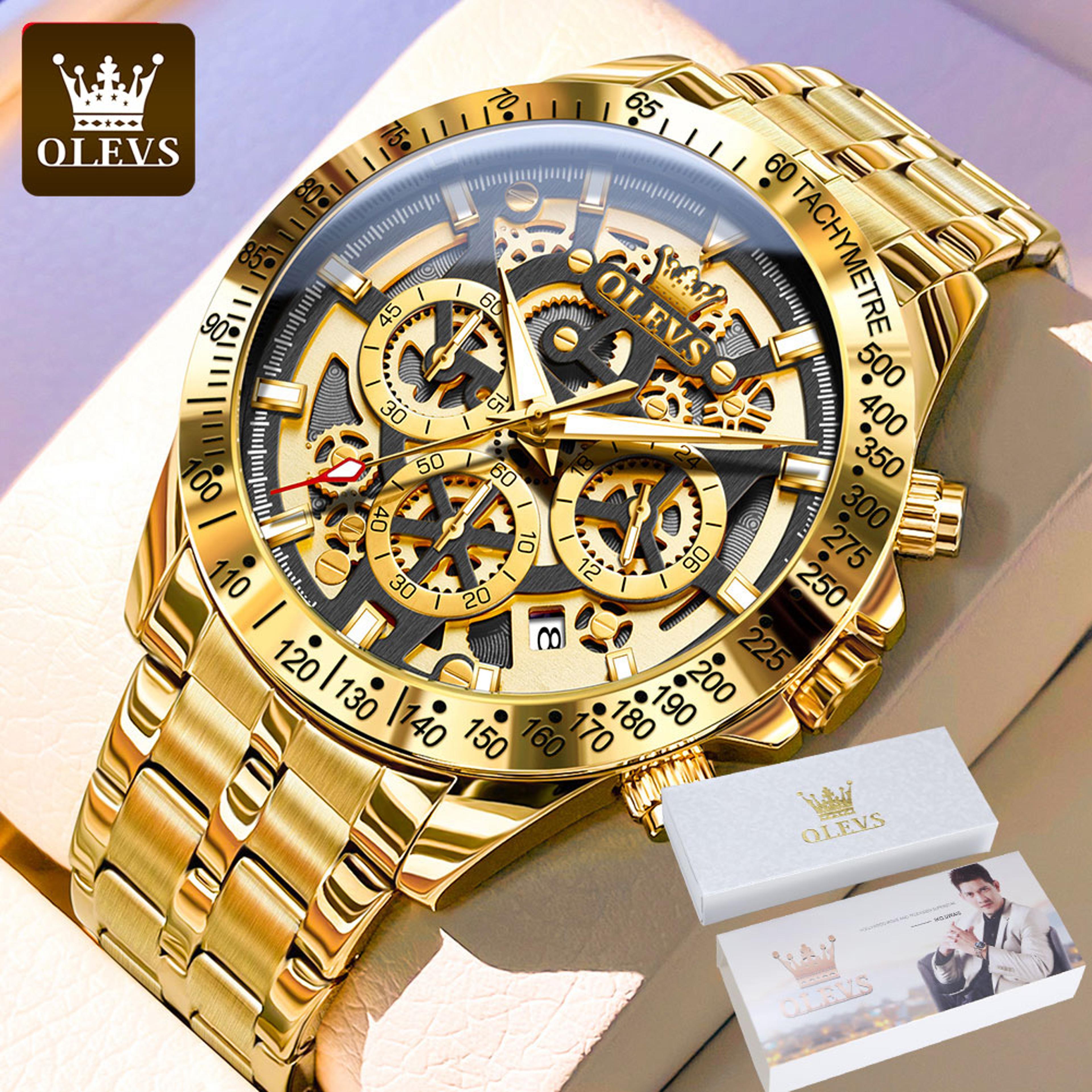 men gold skeleton quartz watch with stainless steel band and chronograph