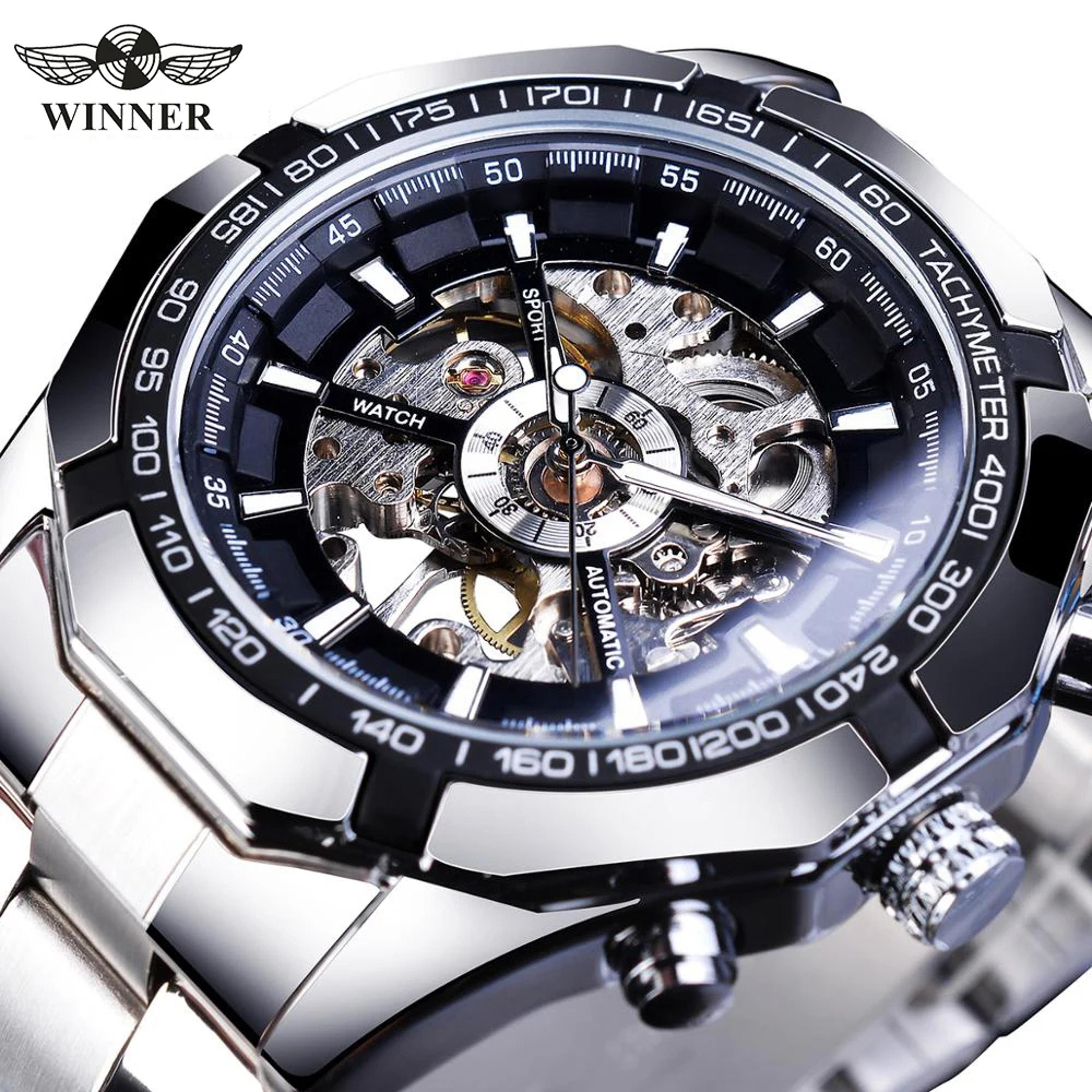 men's skeleton mechanical watch with luminous hands and stainless steel band
