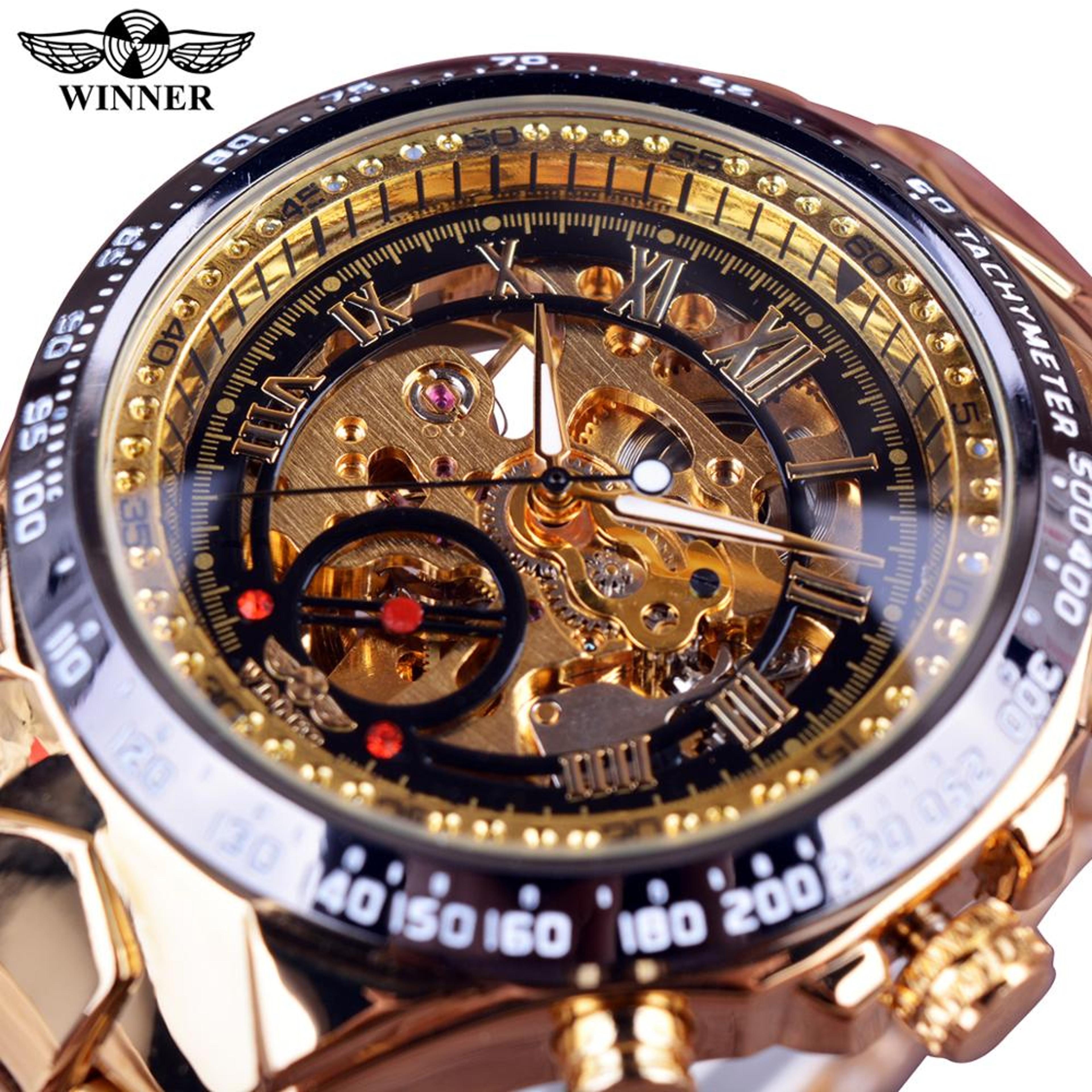 men's mechanical skeleton watch with stainless steel band and sport design