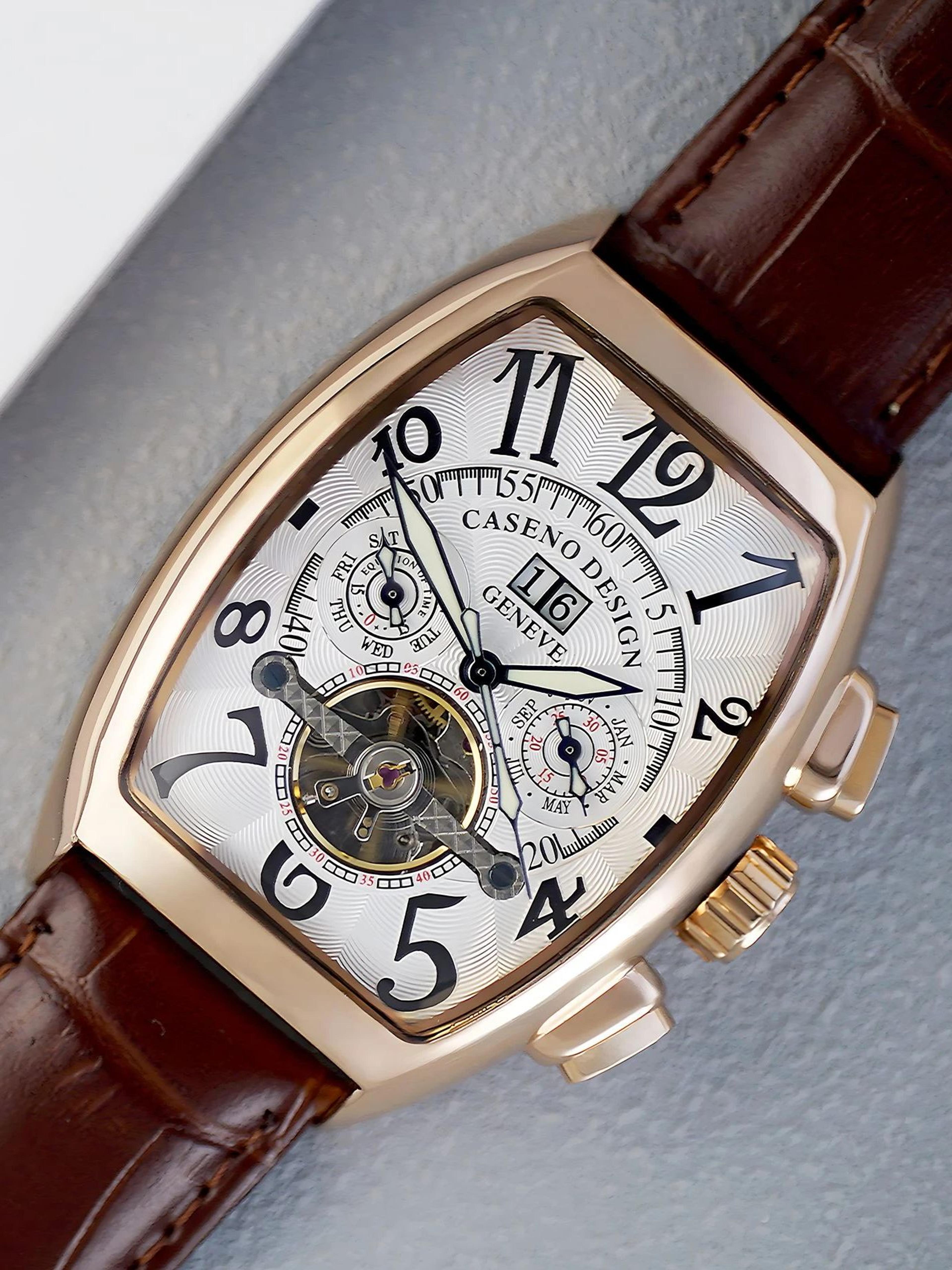 men's automatic skeleton watch with luminous dial and calendar