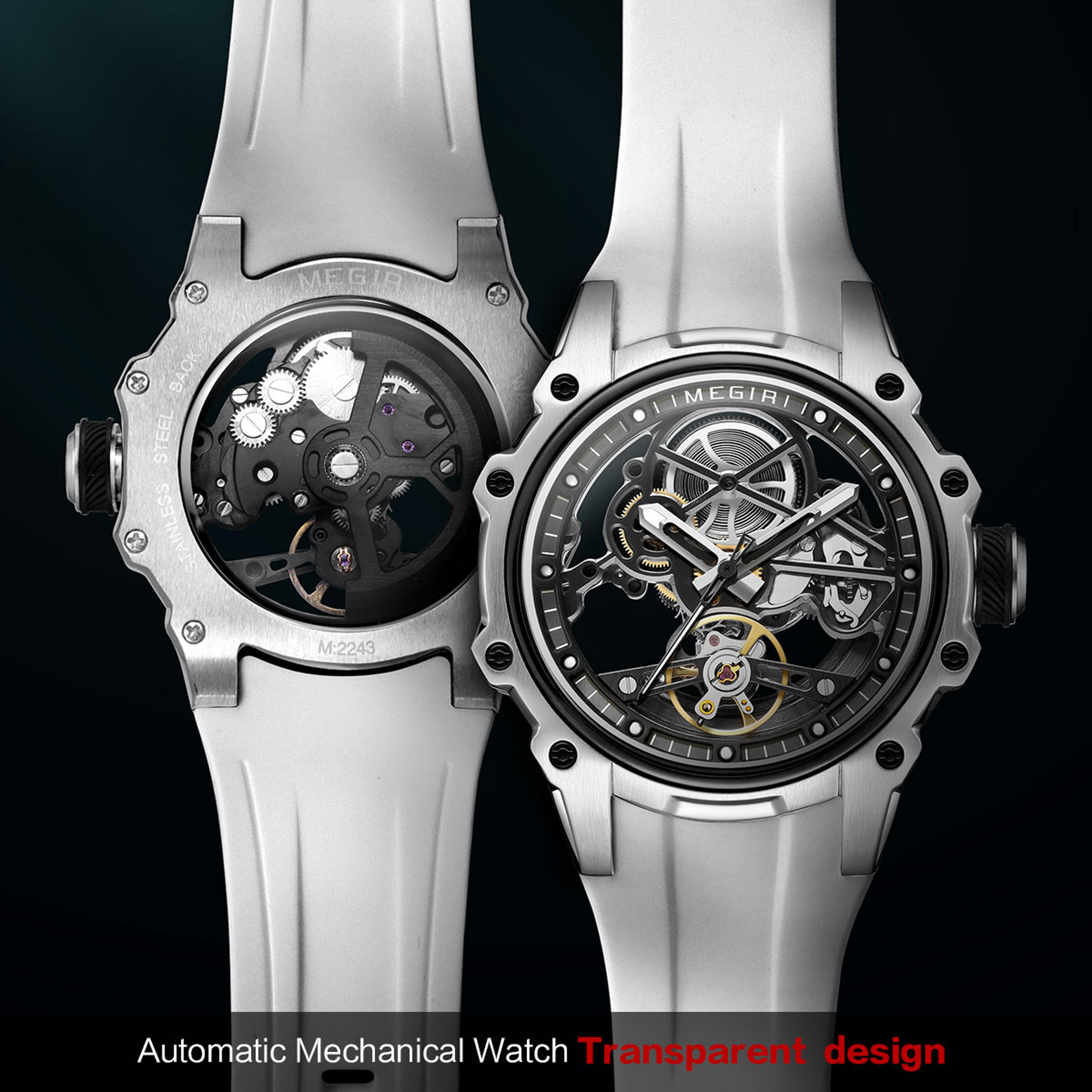 men automatic mechanical skeleton watch with stainless steel case and silicone strap