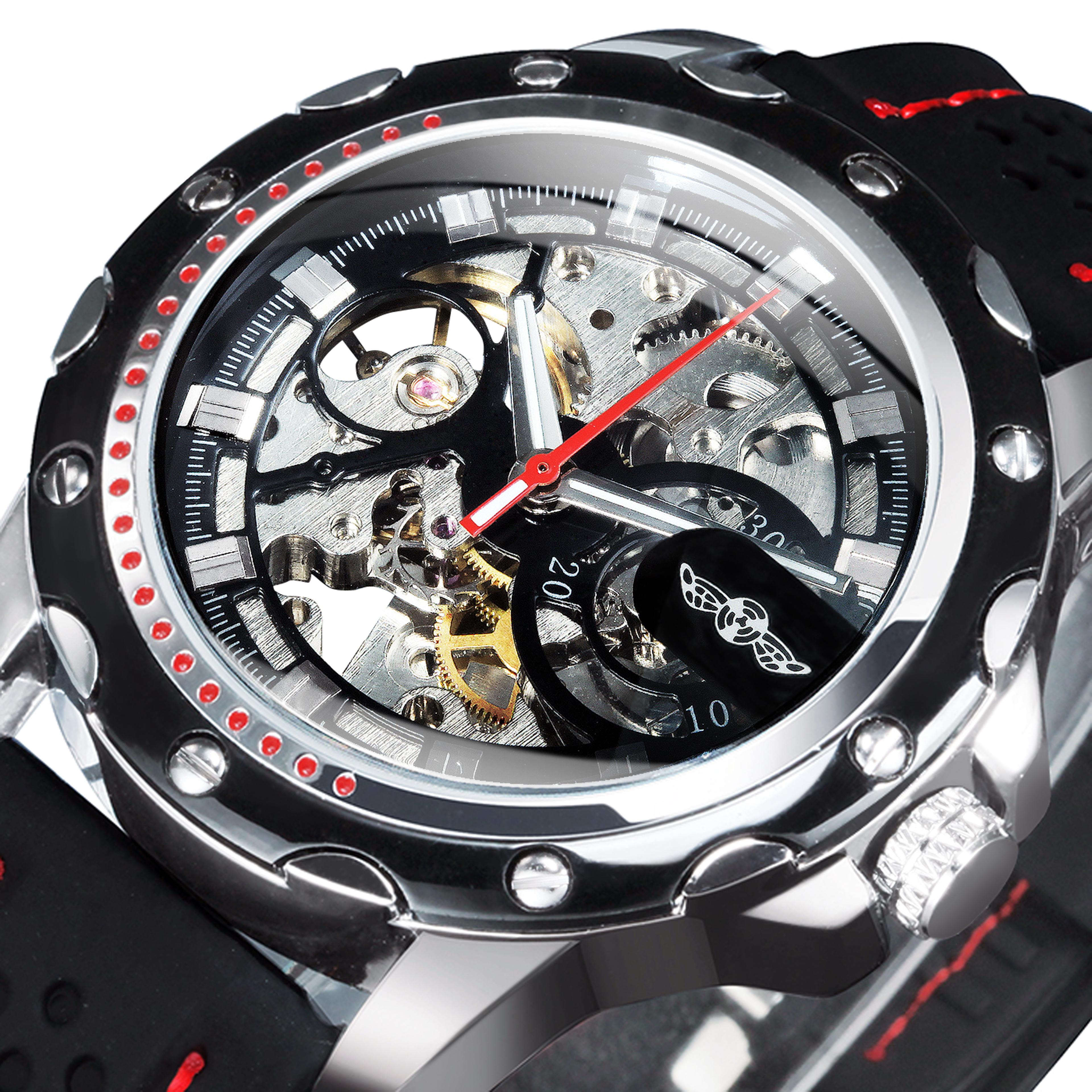 men's automatic mechanical skeleton watch with luminous hands and rubber strap