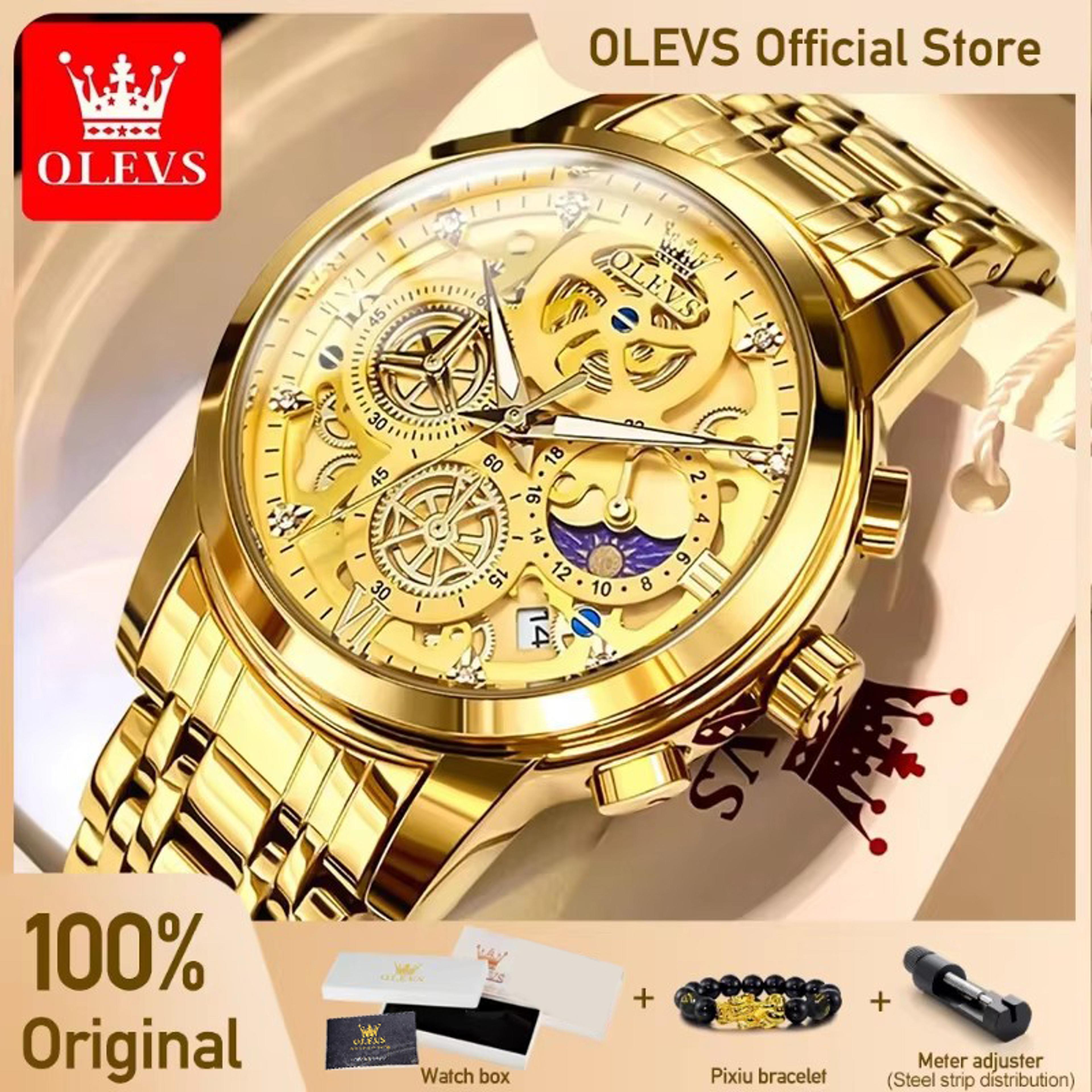 men's gold skeleton style quartz watch with stainless steel band