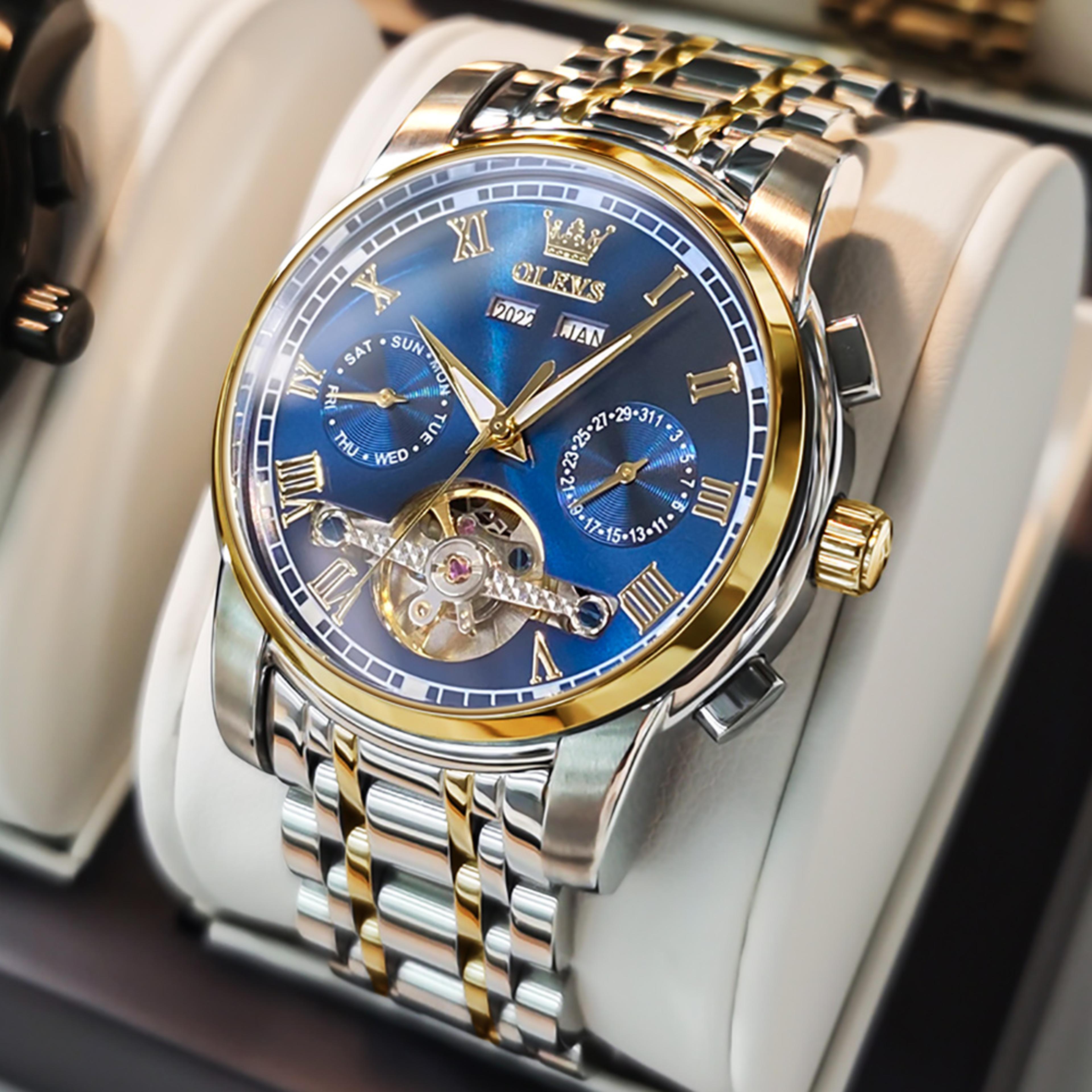 men's automatic mechanical watch with stainless steel band and skeleton dial