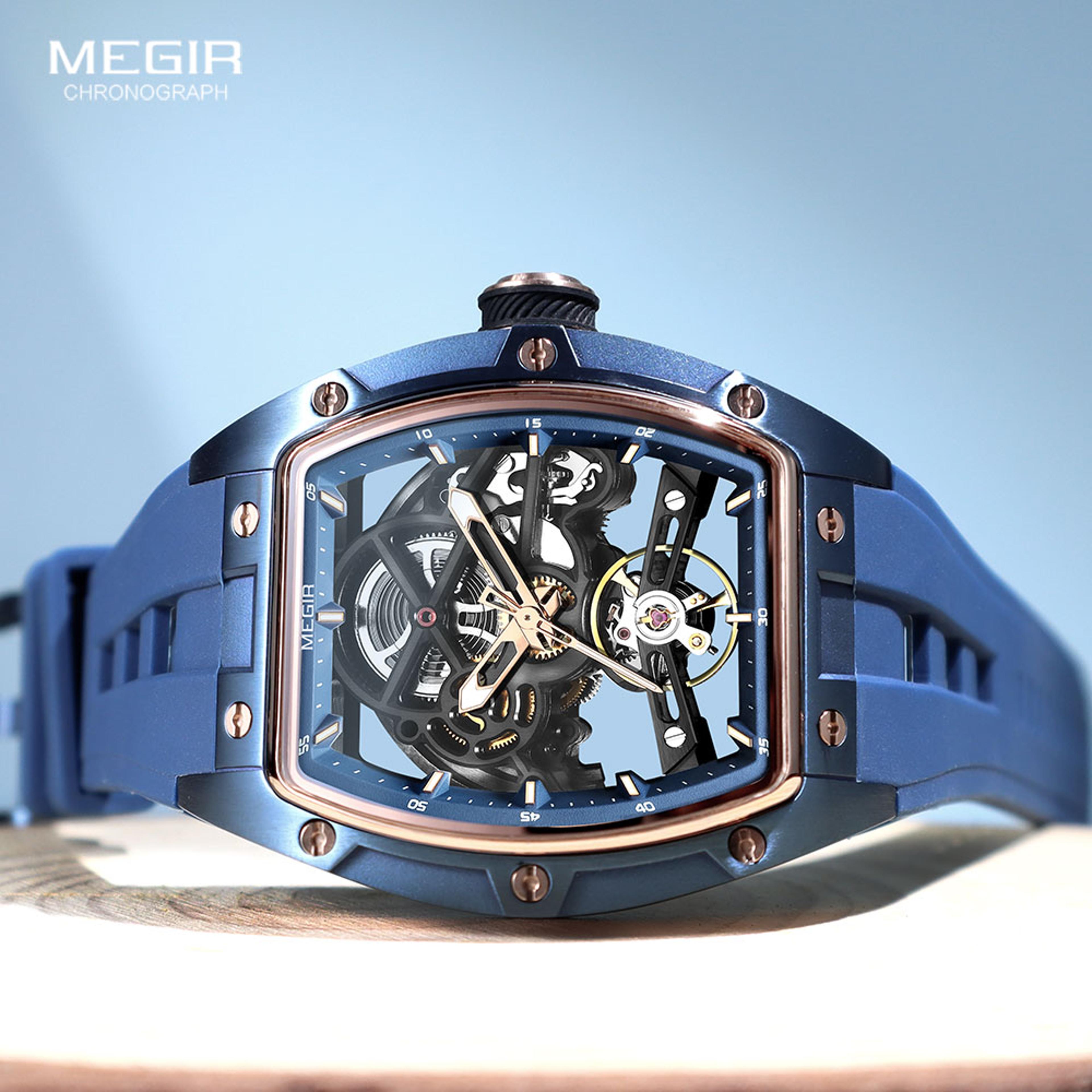 mens automatic mechanical watch with blue skeleton dial and silicone strap