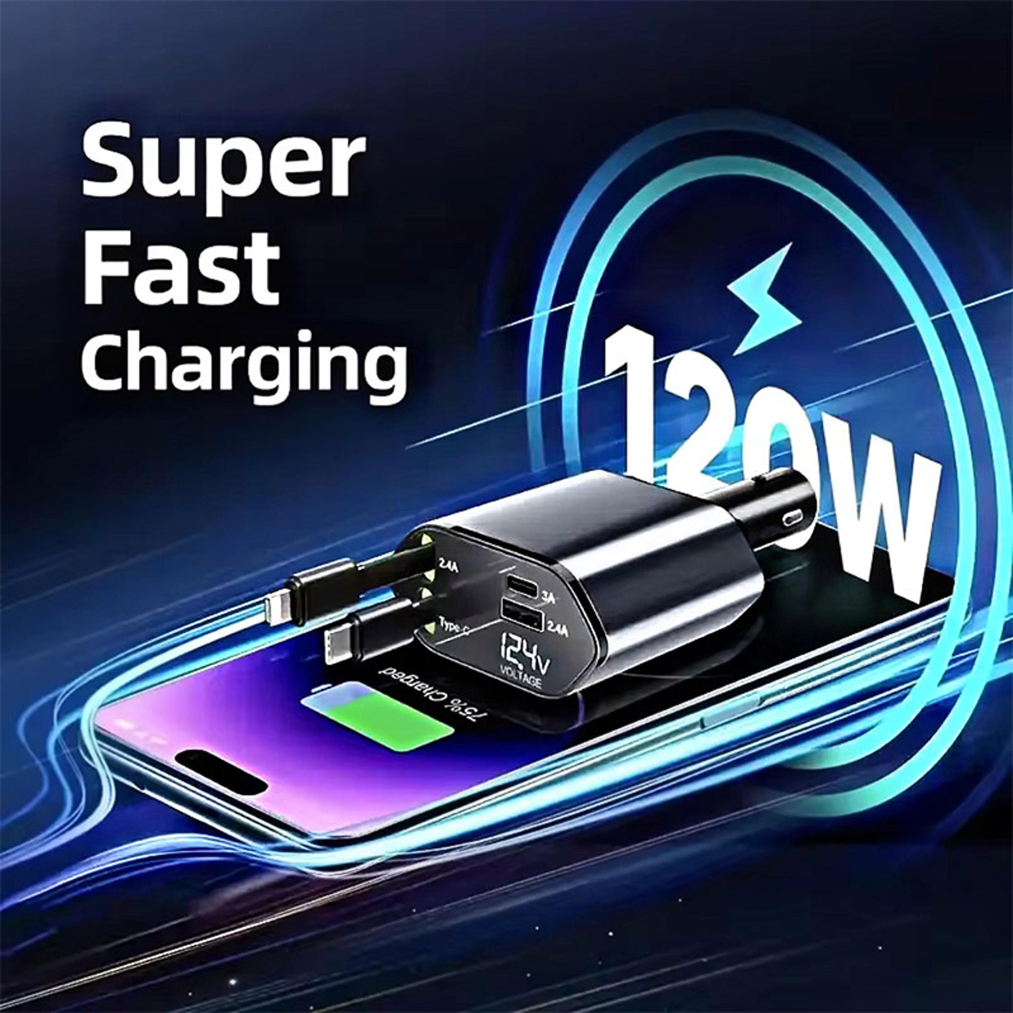 retractable car charger with usb-c and lightning cables
