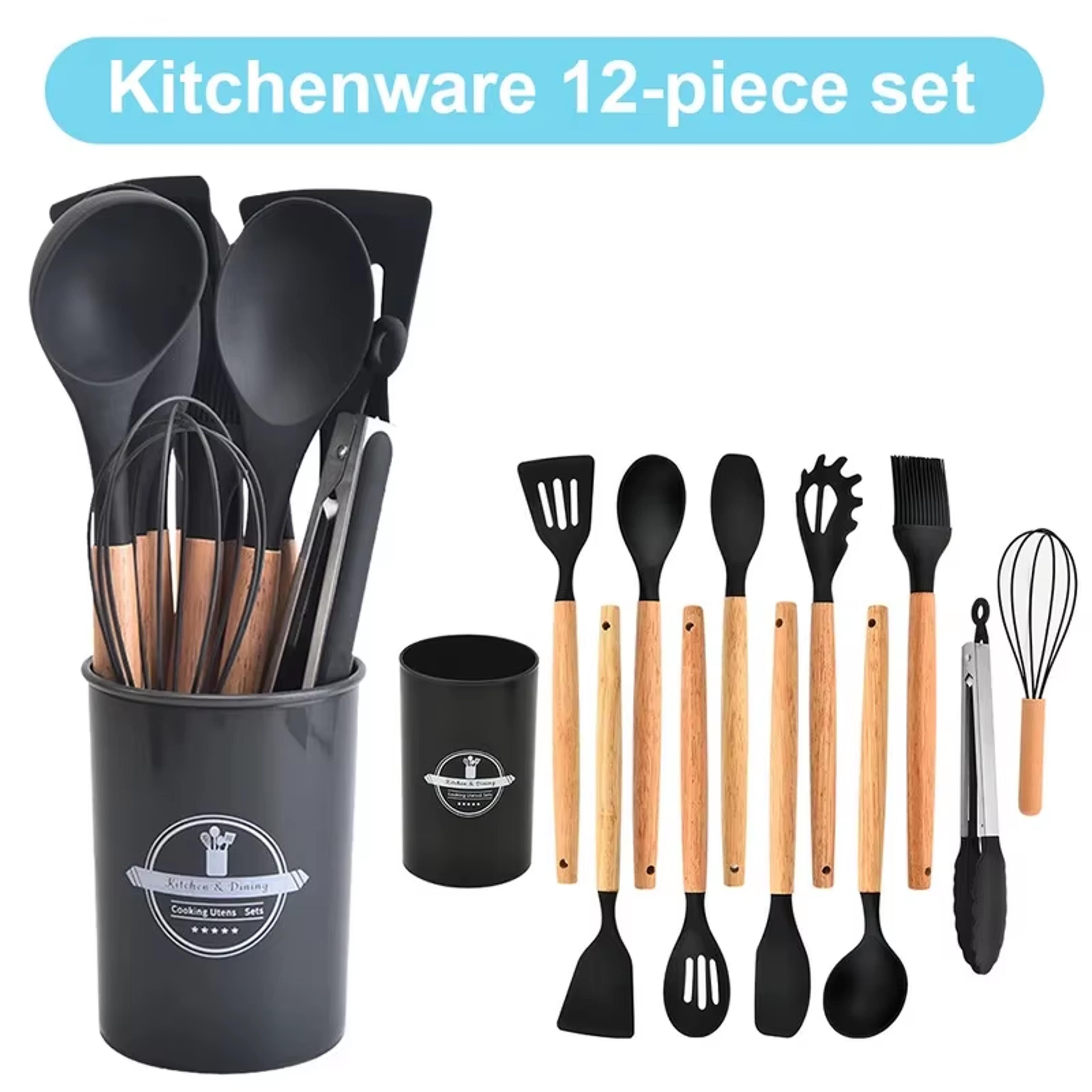 piece silicone kitchen utensil set with wooden handles and holder