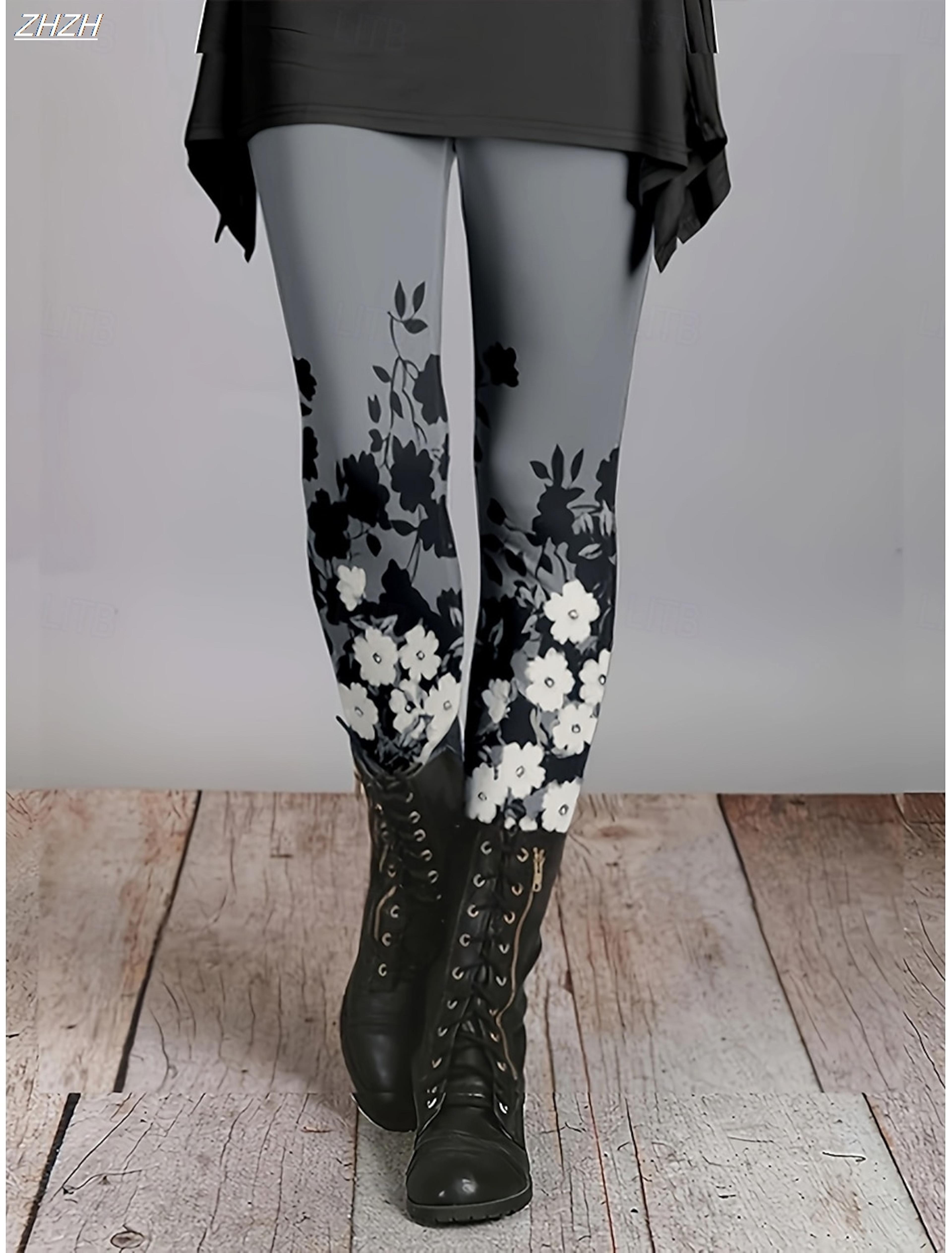 women's floral print fleece leggings with stretchy mid-rise waist