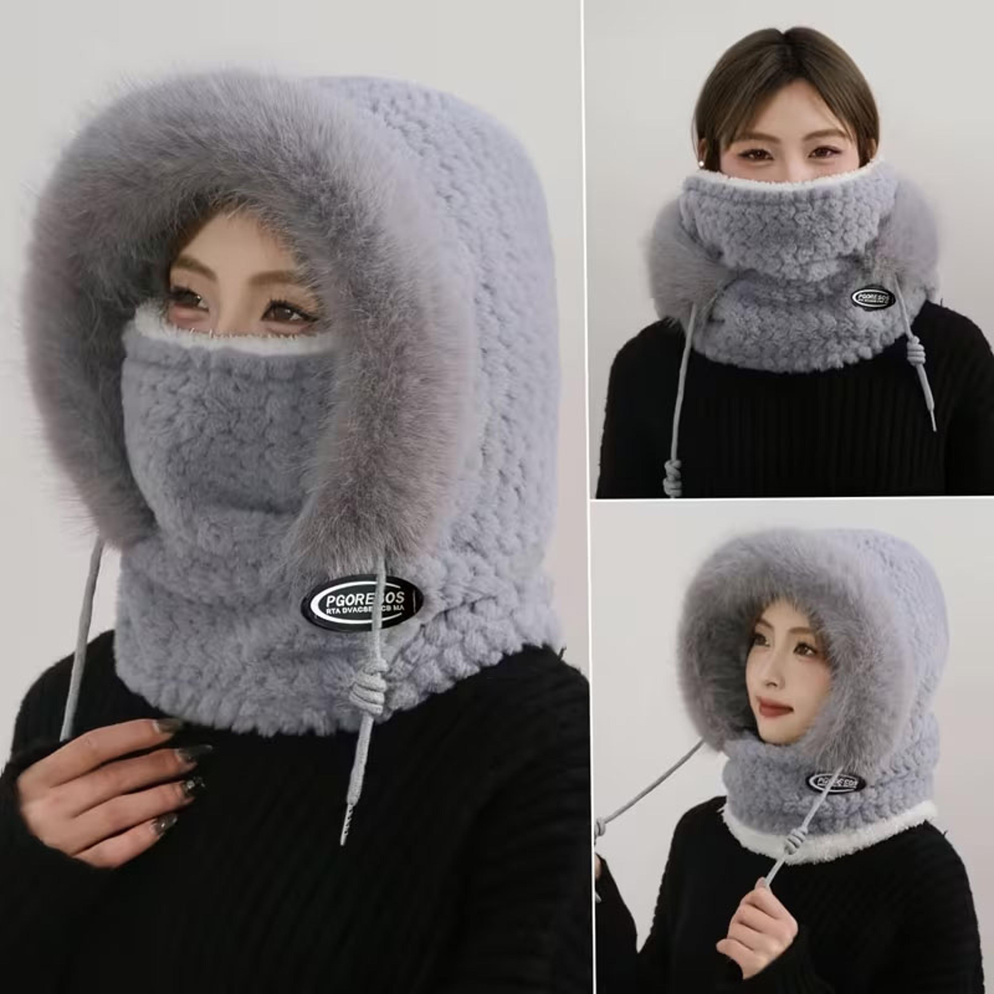 Womens Thermal Plush Hood Hat Scarf And Face Mask For Winter Outdoor Wear 6