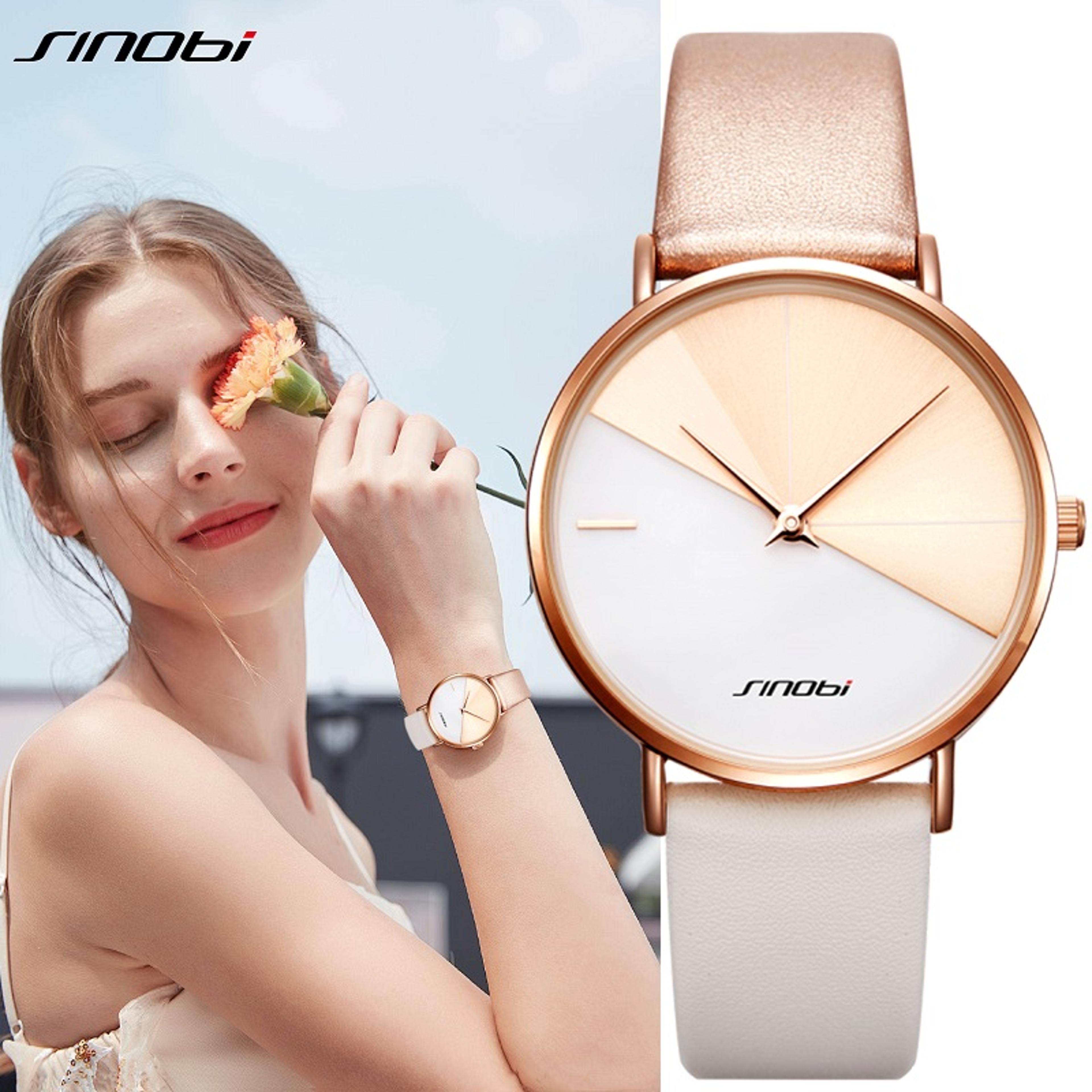 women's fashion quartz watch with leather band and minimalist round dial