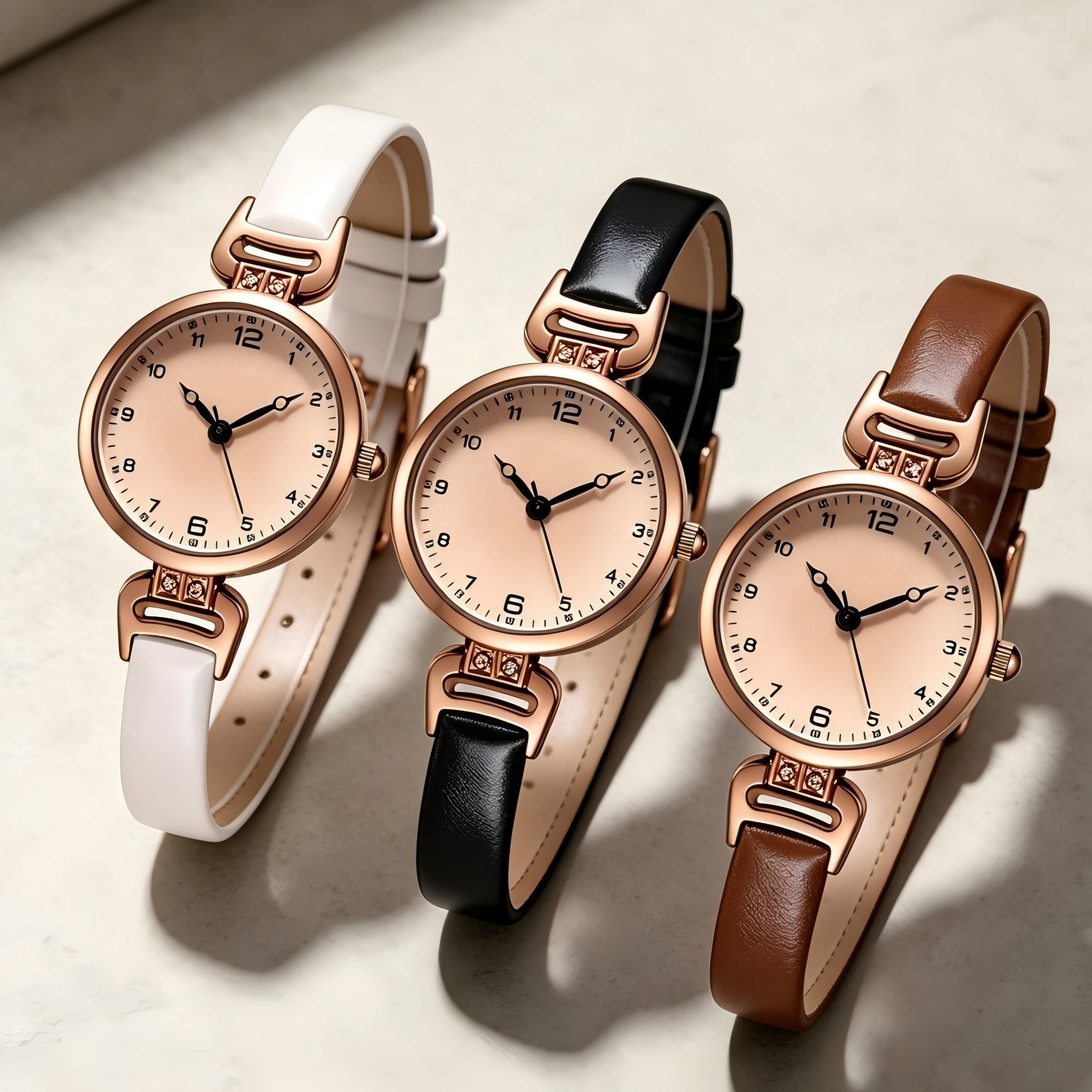 women's quartz watch with leather strap and round dial