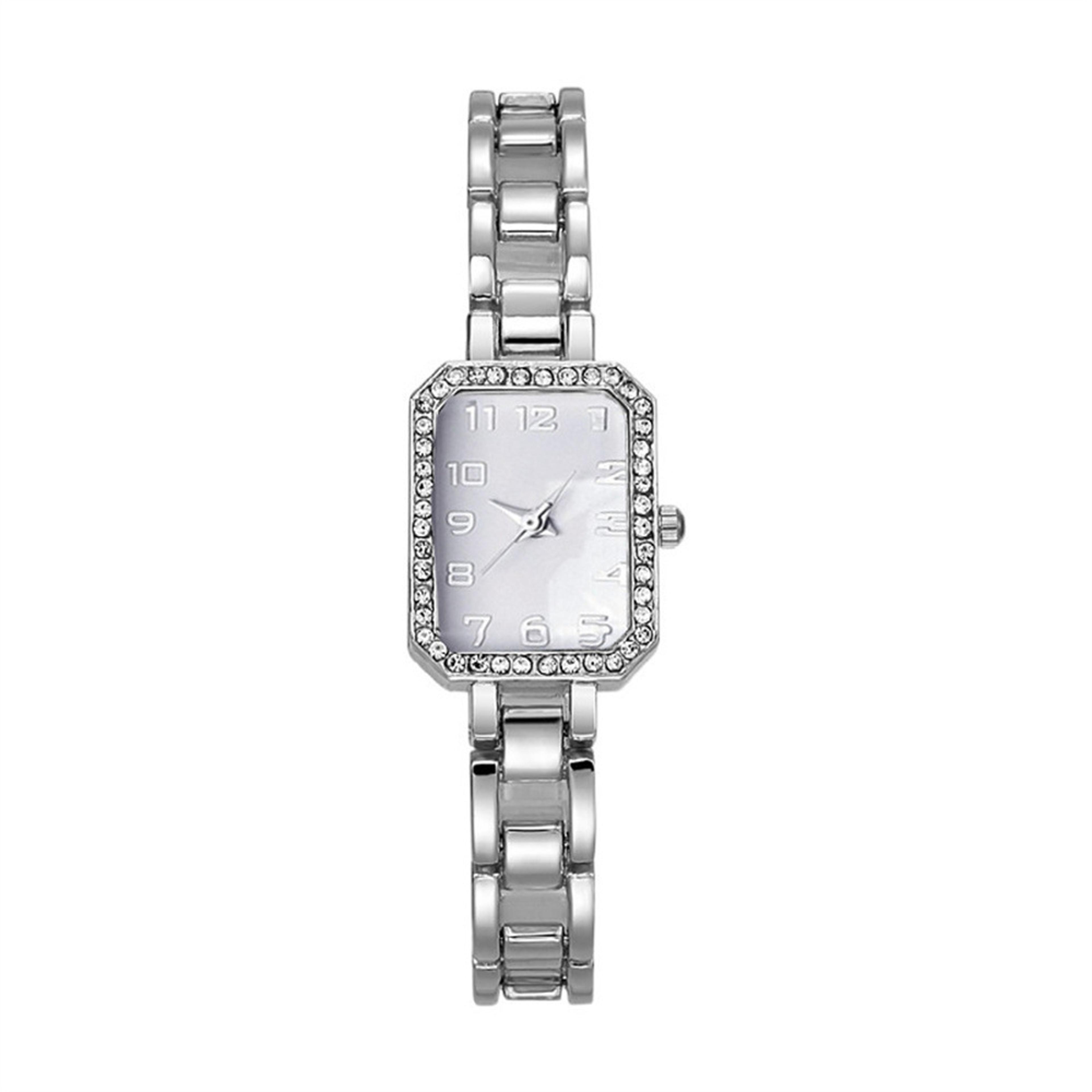 women's rectangular quartz watch with stainless steel band and arabic numerals