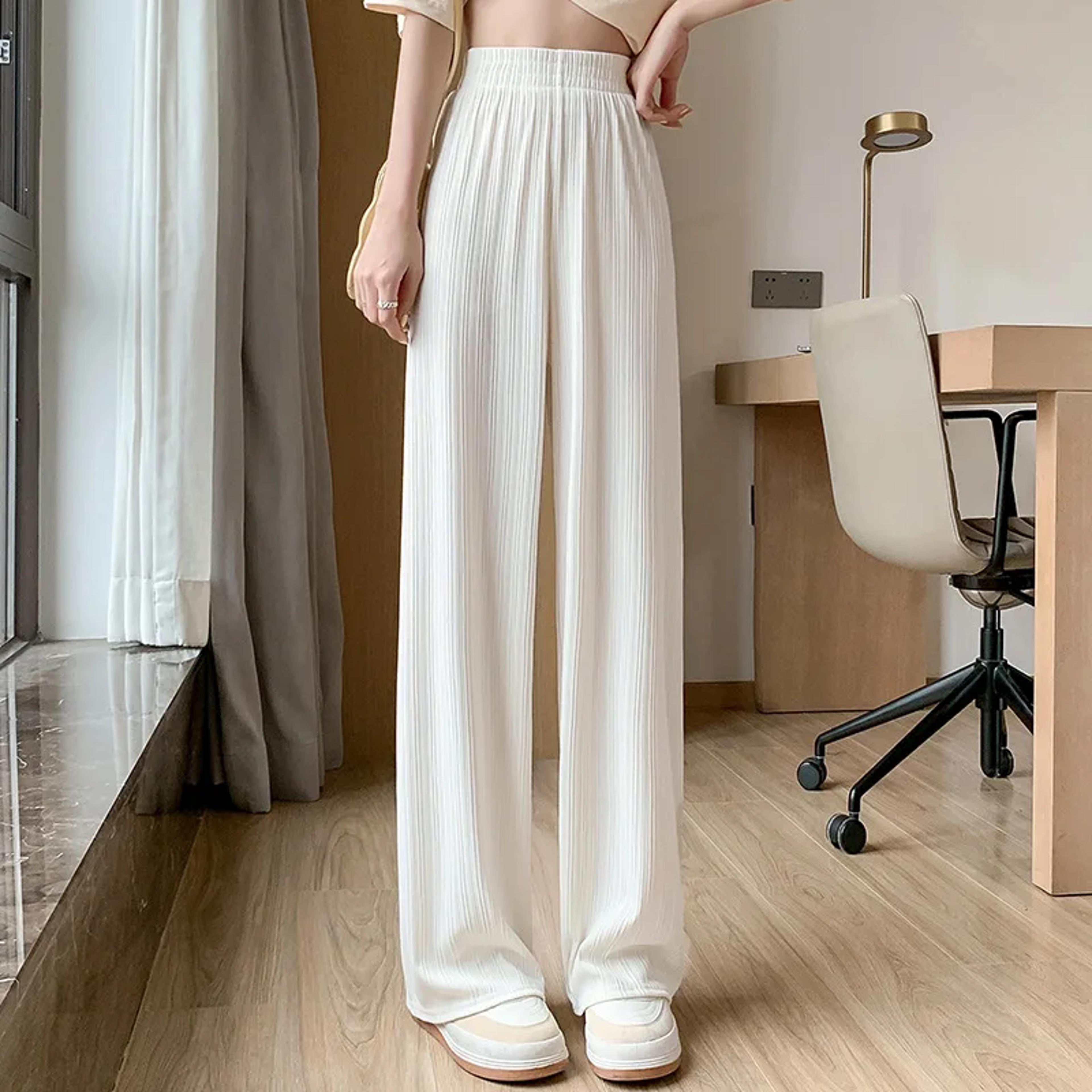 women's high-waisted wide-leg pants lightweight striped chiffon ankle-length trousers