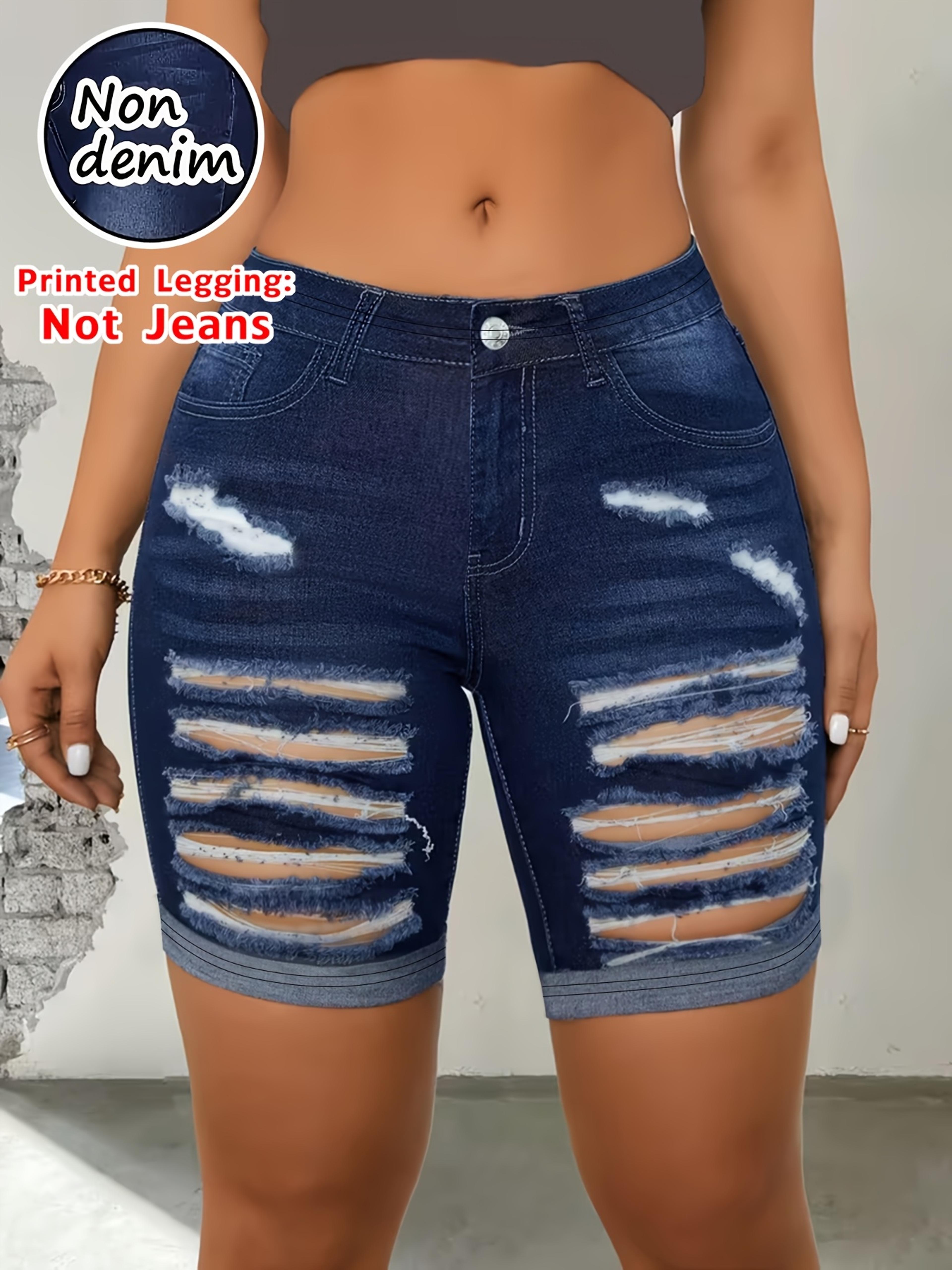 women's high-waisted denim print capri leggings – stretchy knee-length casual pants