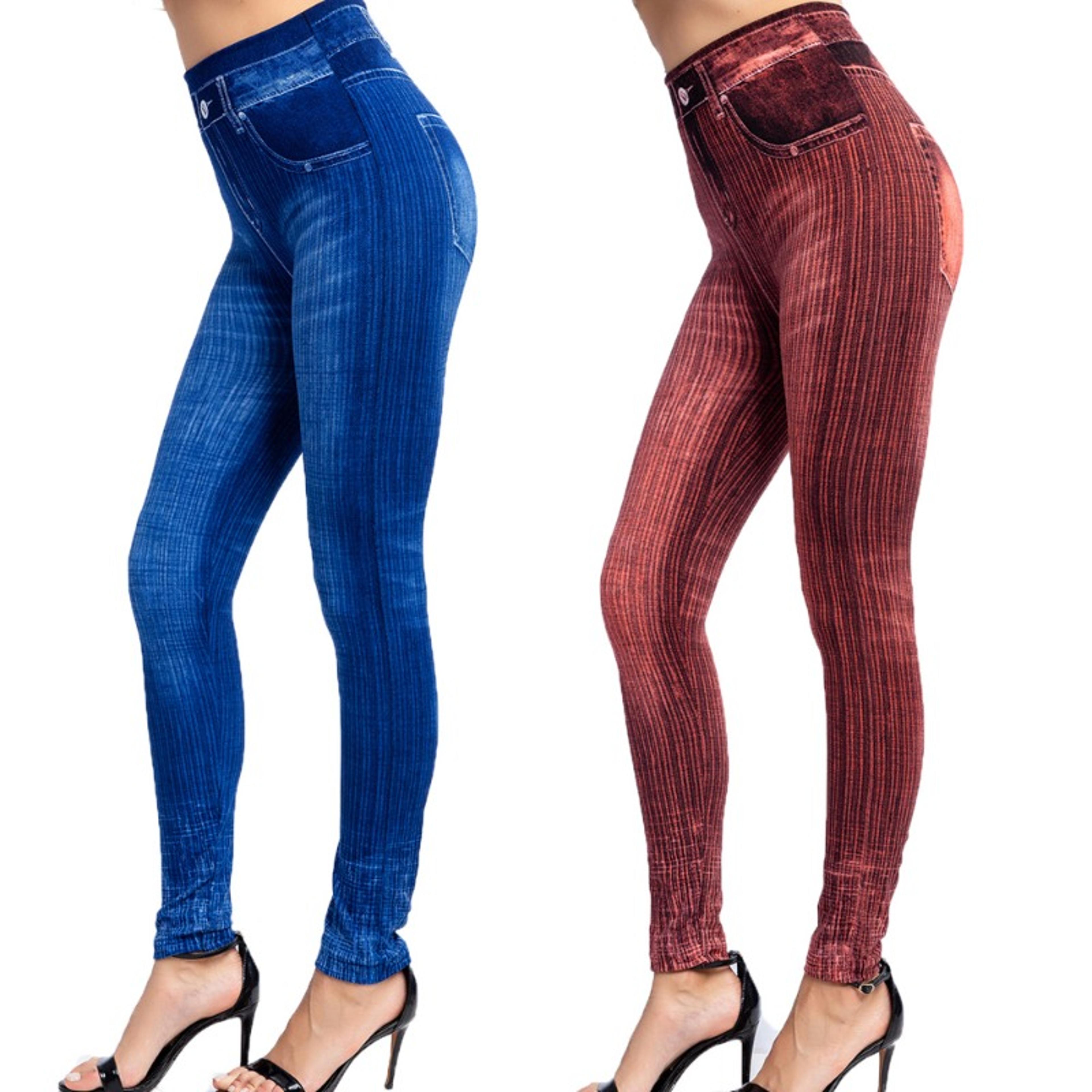 women's high waisted striped leggings with faux jeans design and booty lifting fit