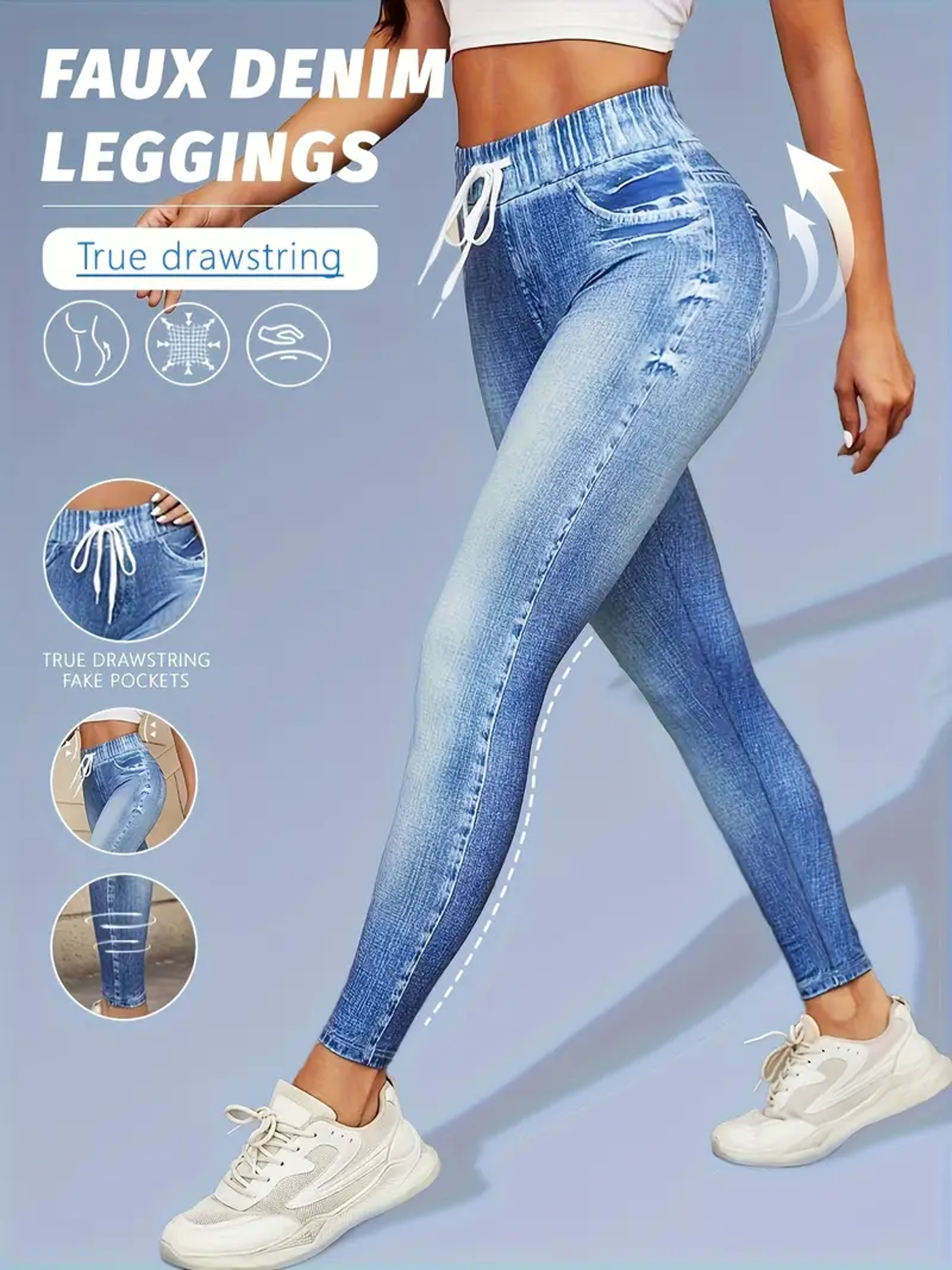 women's high waisted faux denim leggings with drawstring and slim fit