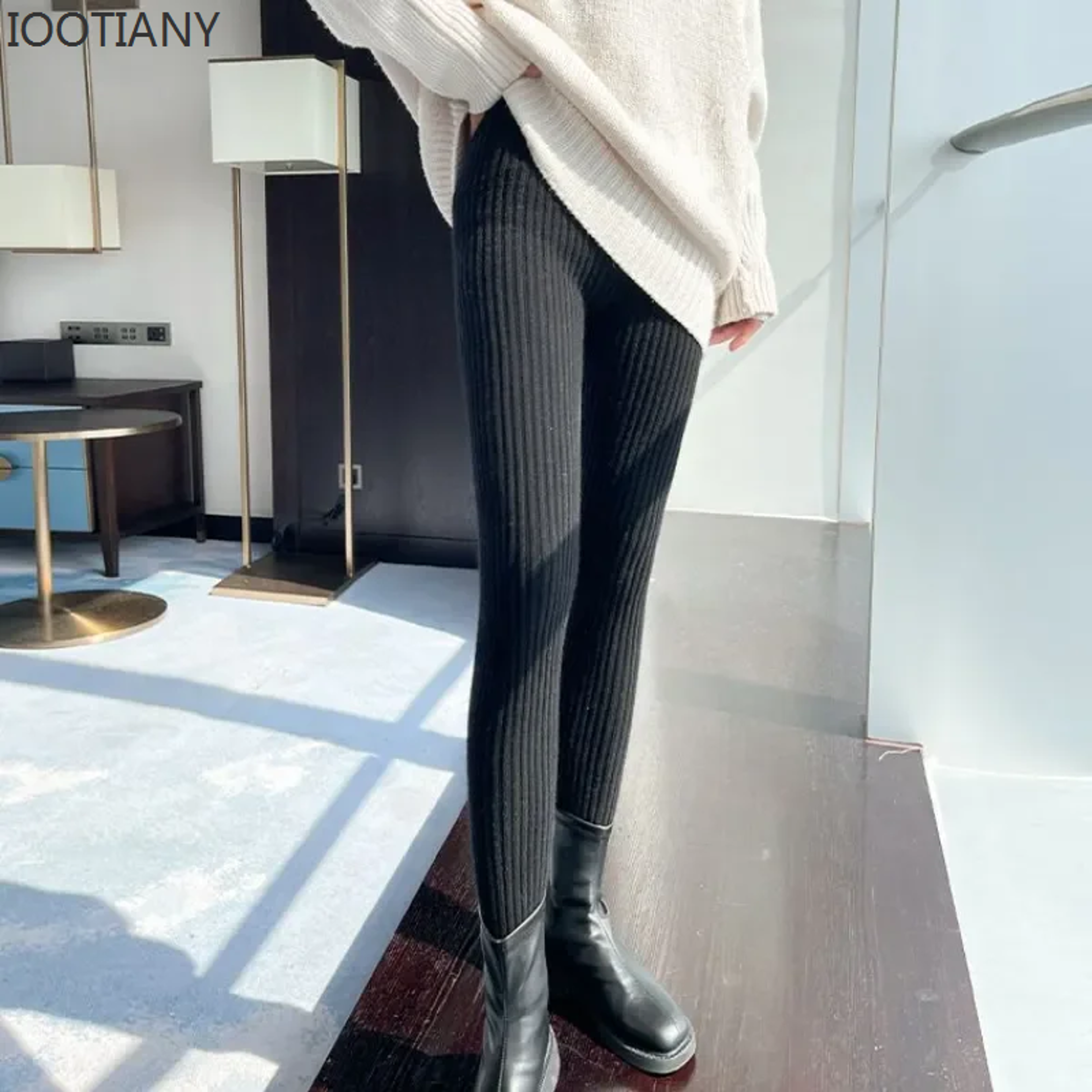 women's ribbed knit leggings thick stretchy ankle-length pants