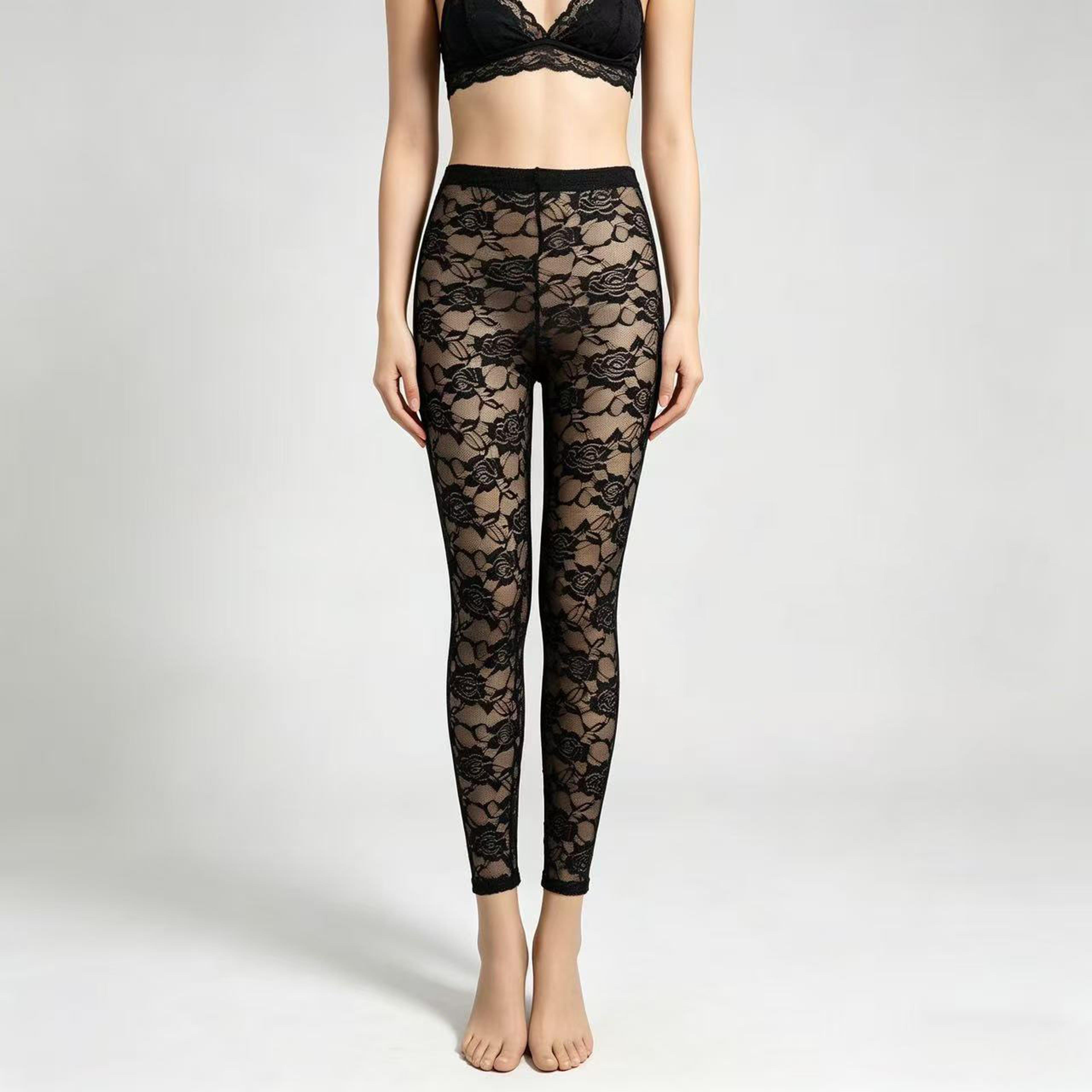 women's high waist floral embroidered lace leggings ankle length