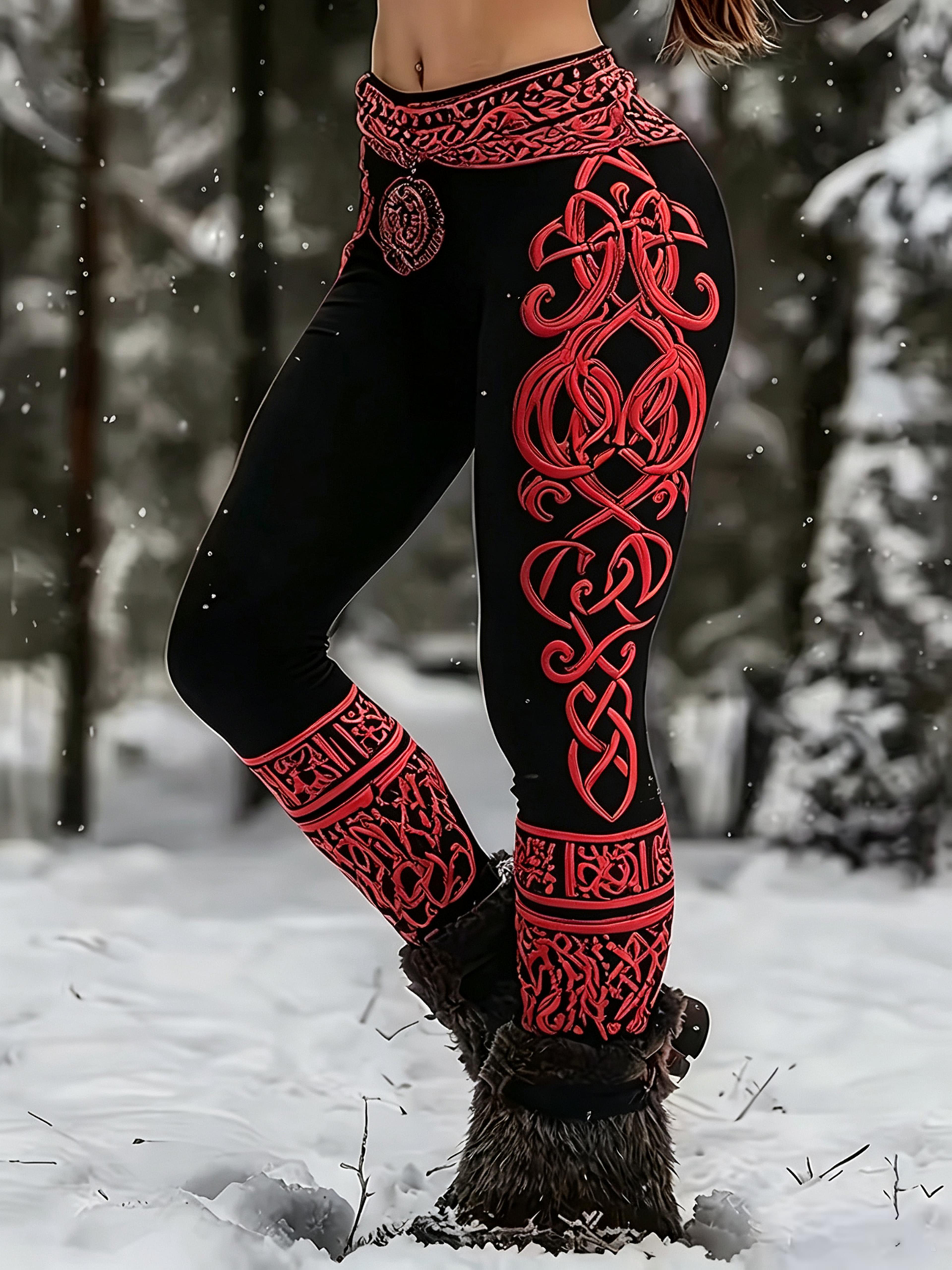 women's viking print leggings high waist ankle-length skinny pants