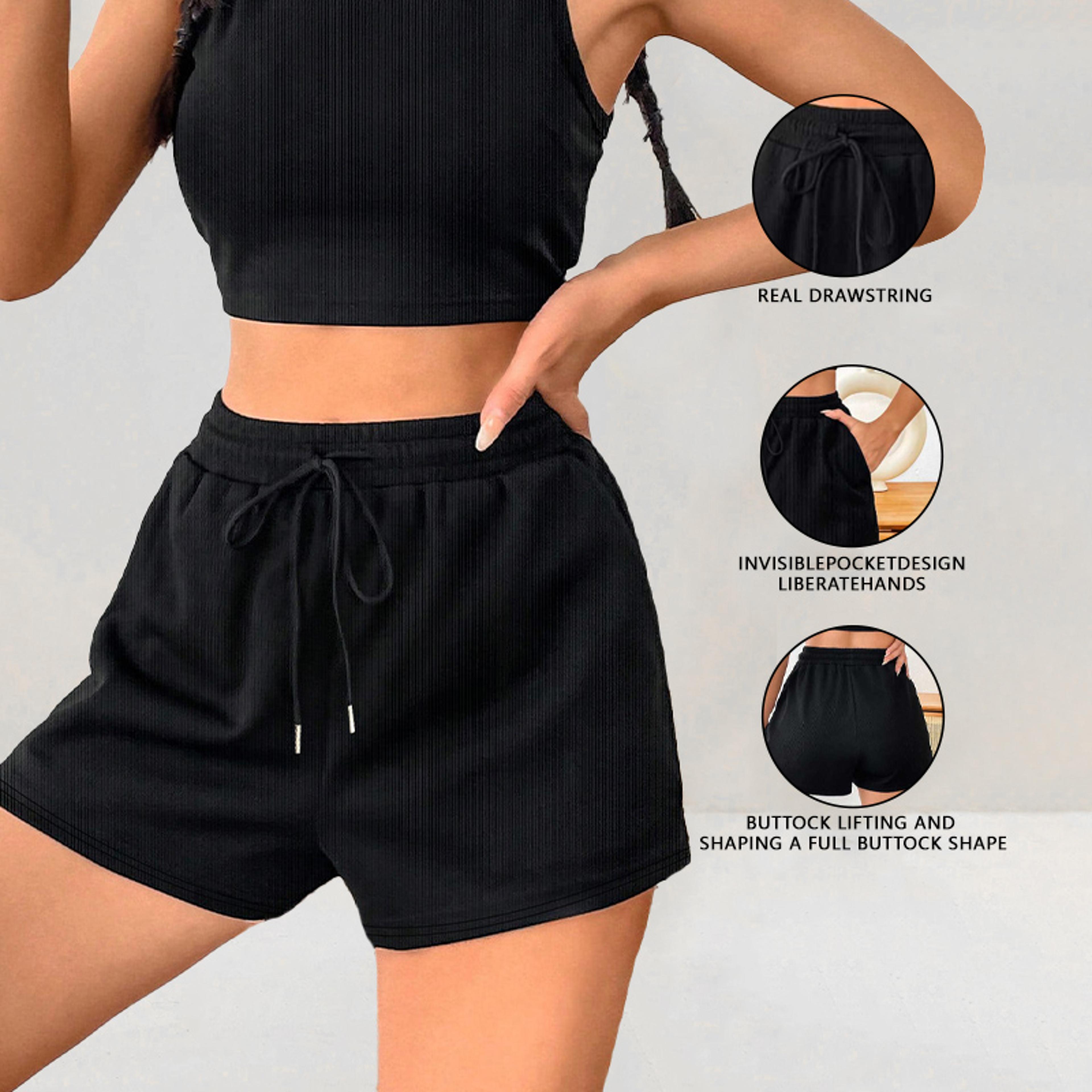women's ribbed casual shorts with adjustable drawstring waist and pockets