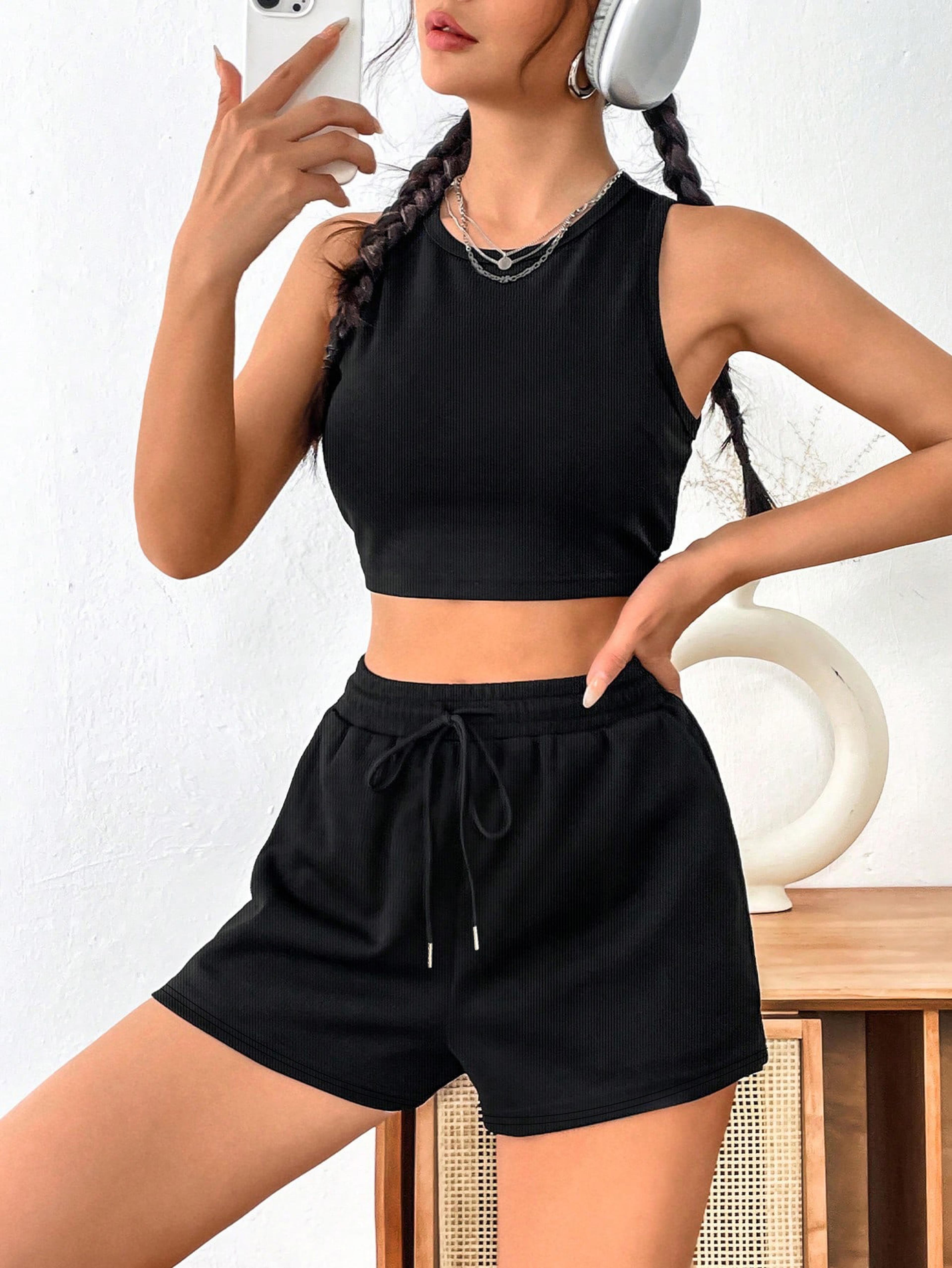 Womens Ribbed Casual Shorts With Adjustable Drawstring Waist And Pockets 2