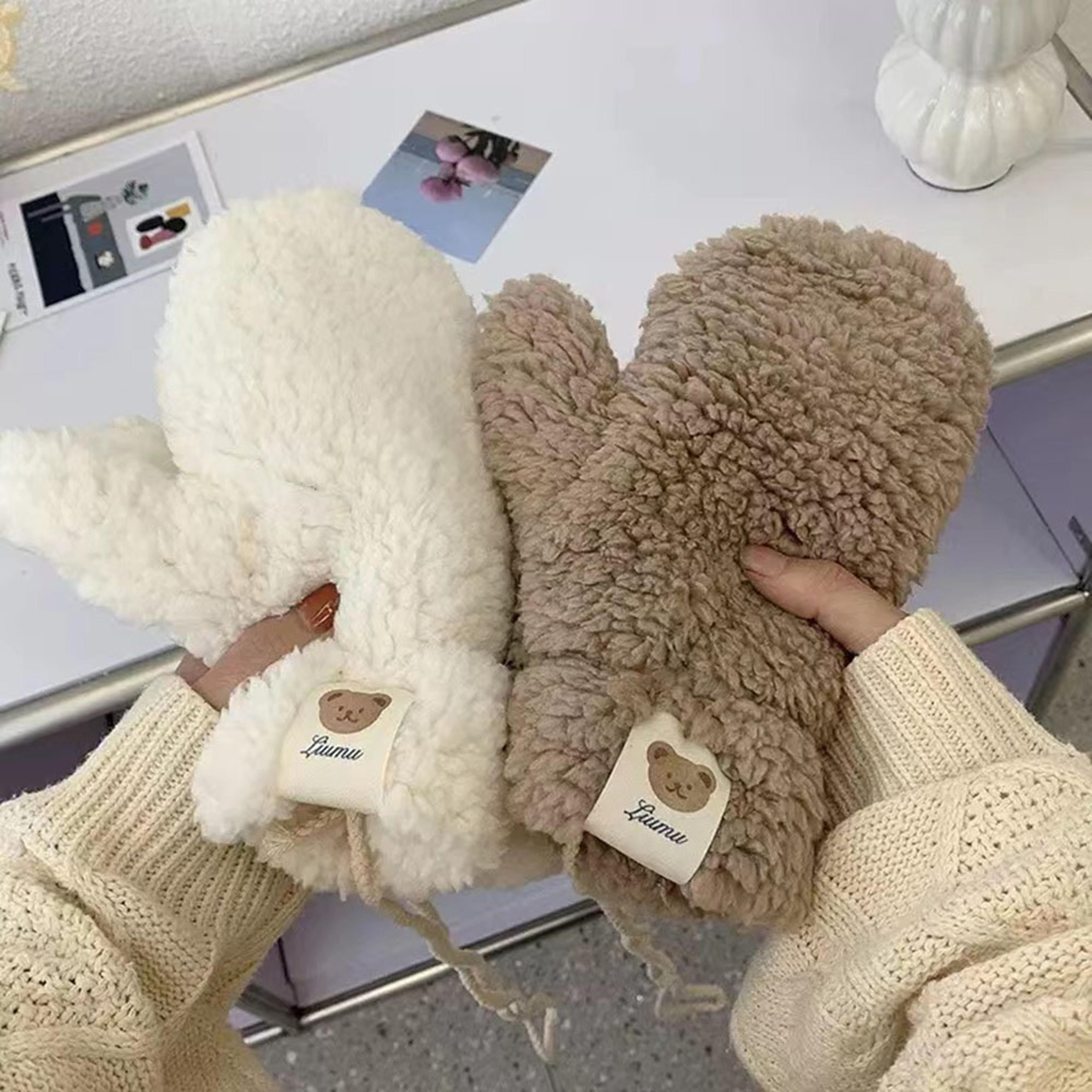women's cute bear plush winter gloves with soft thickened knit design