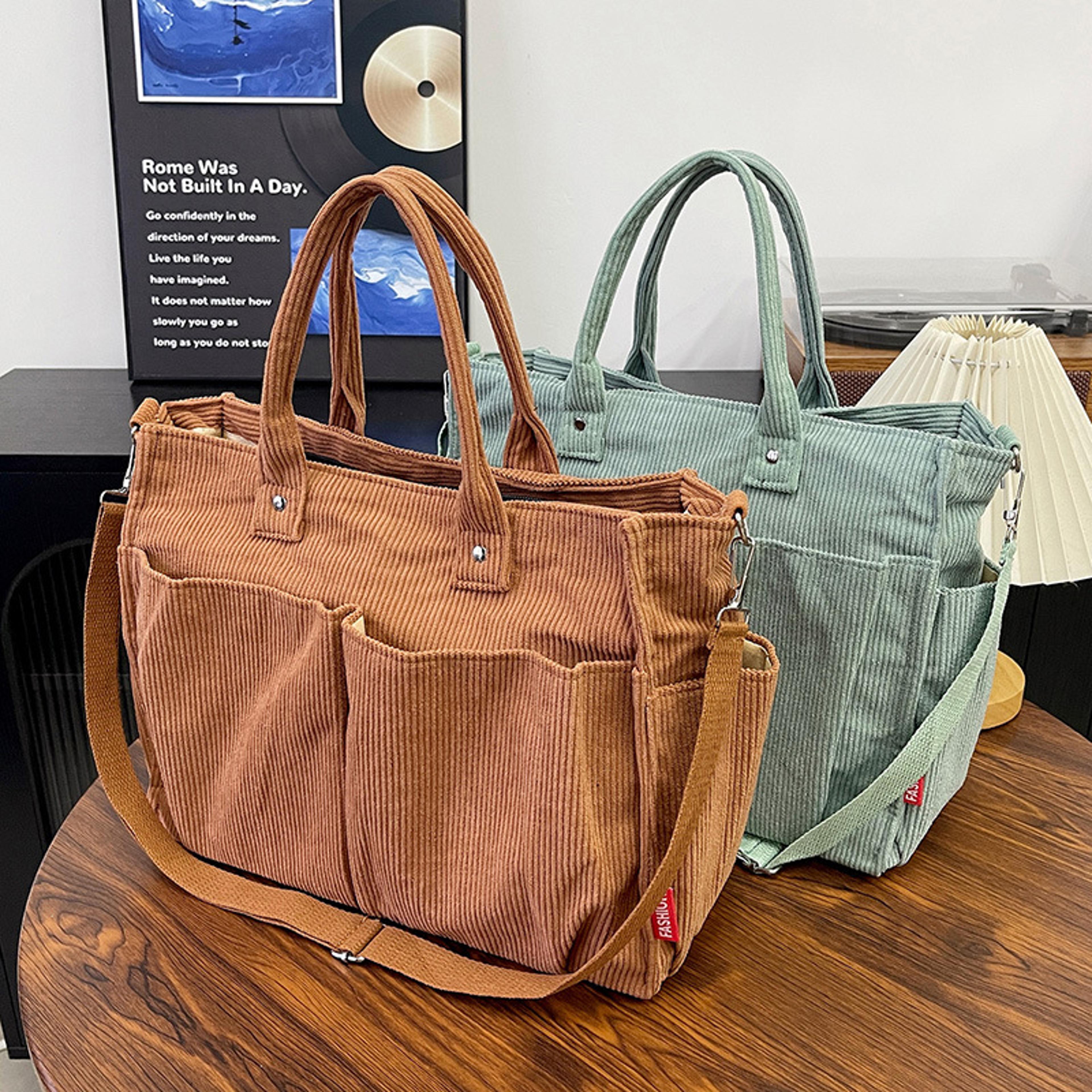 Womens Corduroy Tote Bag With Zipper Closure And Interior Pockets 1
