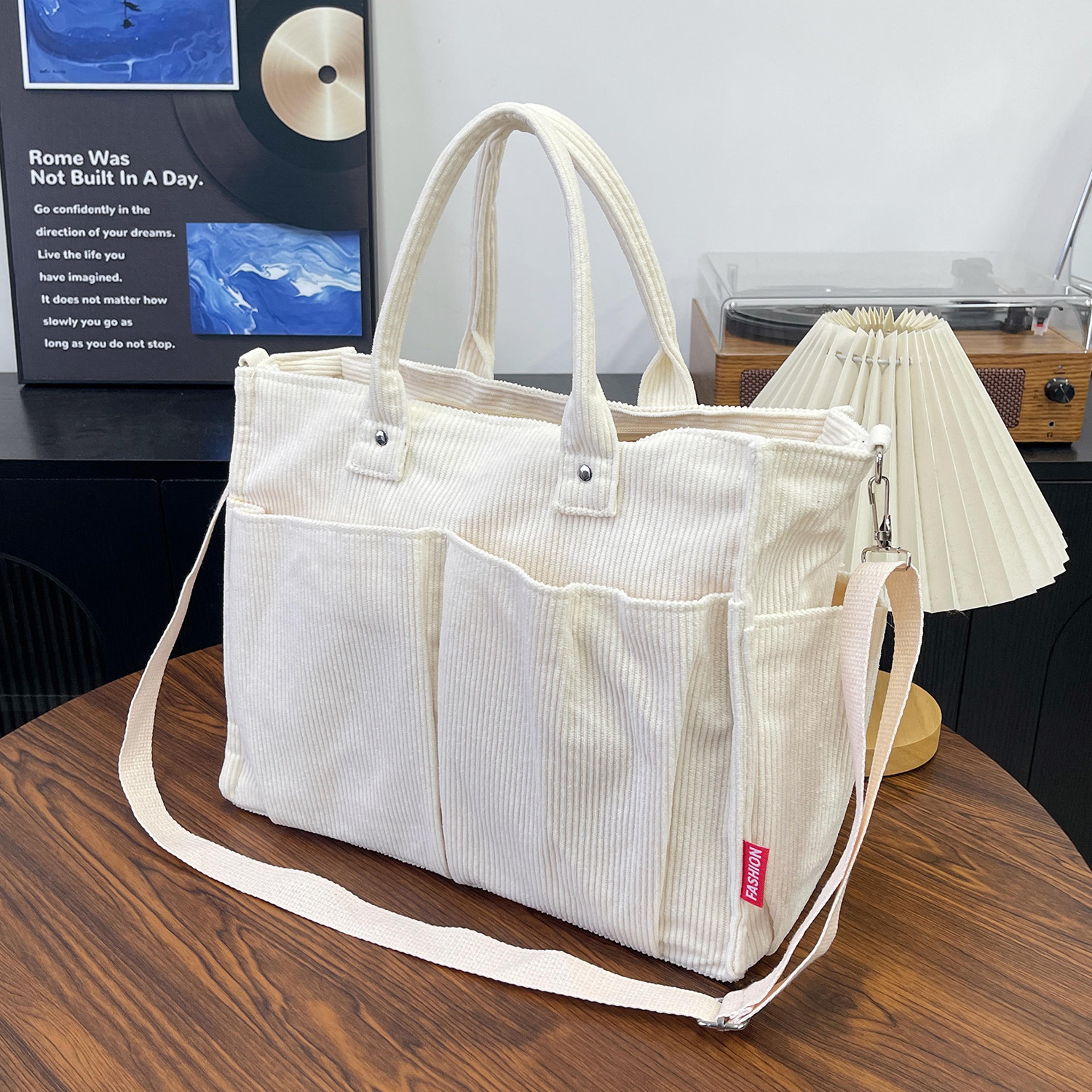 Womens Corduroy Tote Bag With Zipper Closure And Interior Pockets 7