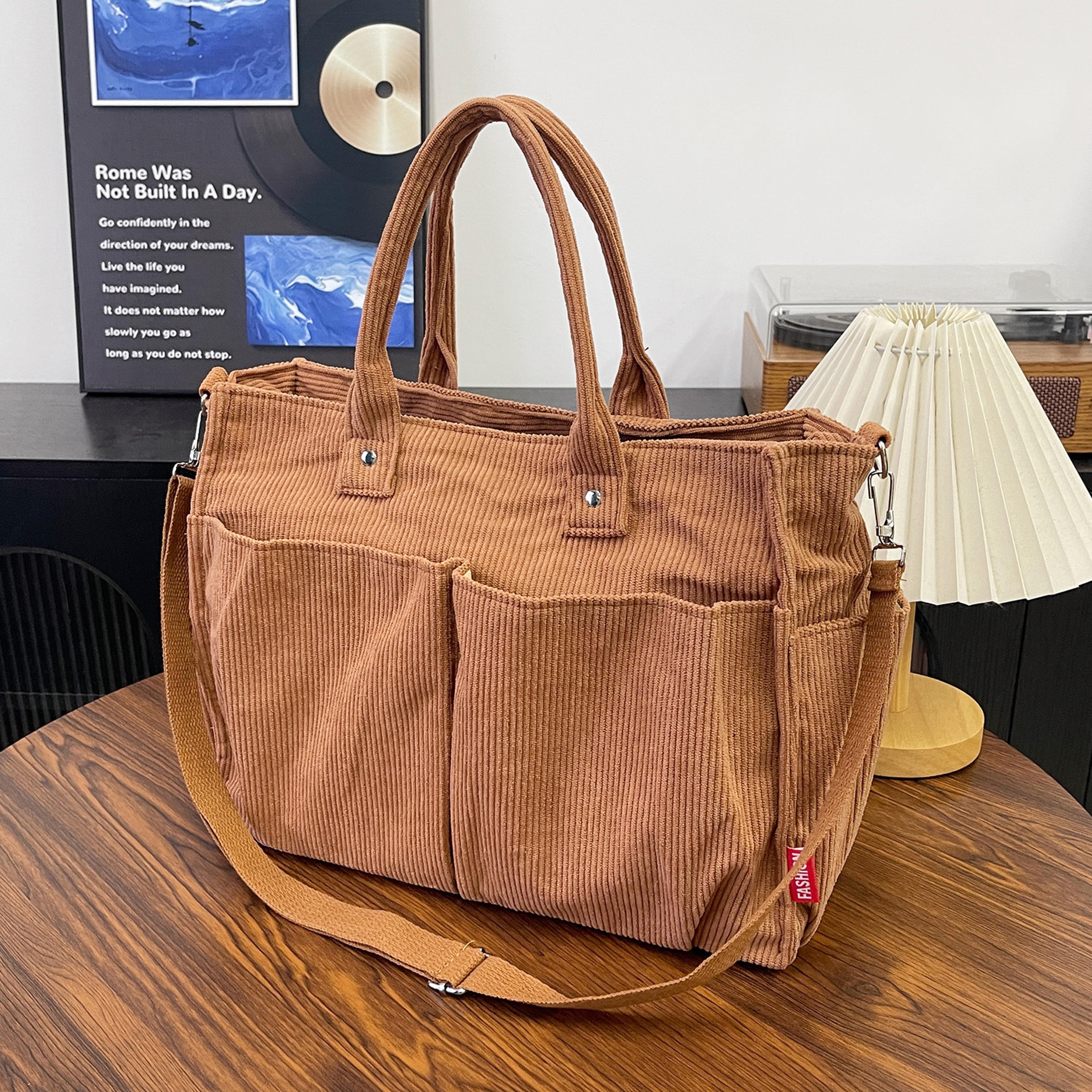 Womens Corduroy Tote Bag With Zipper Closure And Interior Pockets 8